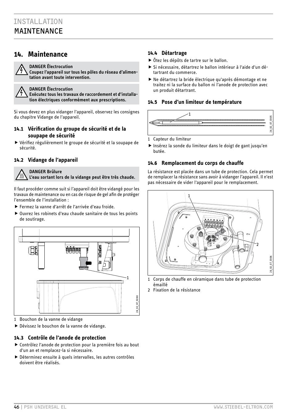 Installation maintenance 14. maintenance | STIEBEL ELTRON PSH Universal EL с 05.12.2011 User Manual | Page 46 / 100