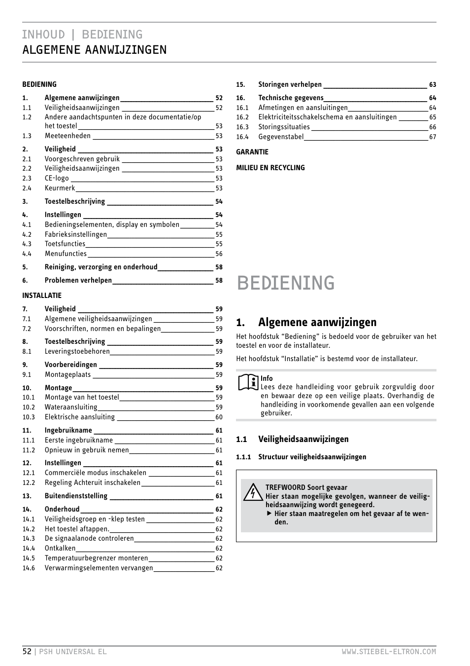 Bediening, Inhoud | bediening algemene aanwijzingen, Algemene aanwijzingen | STIEBEL ELTRON PSH Universal EL с 05.12.2011 User Manual | Page 52 / 100