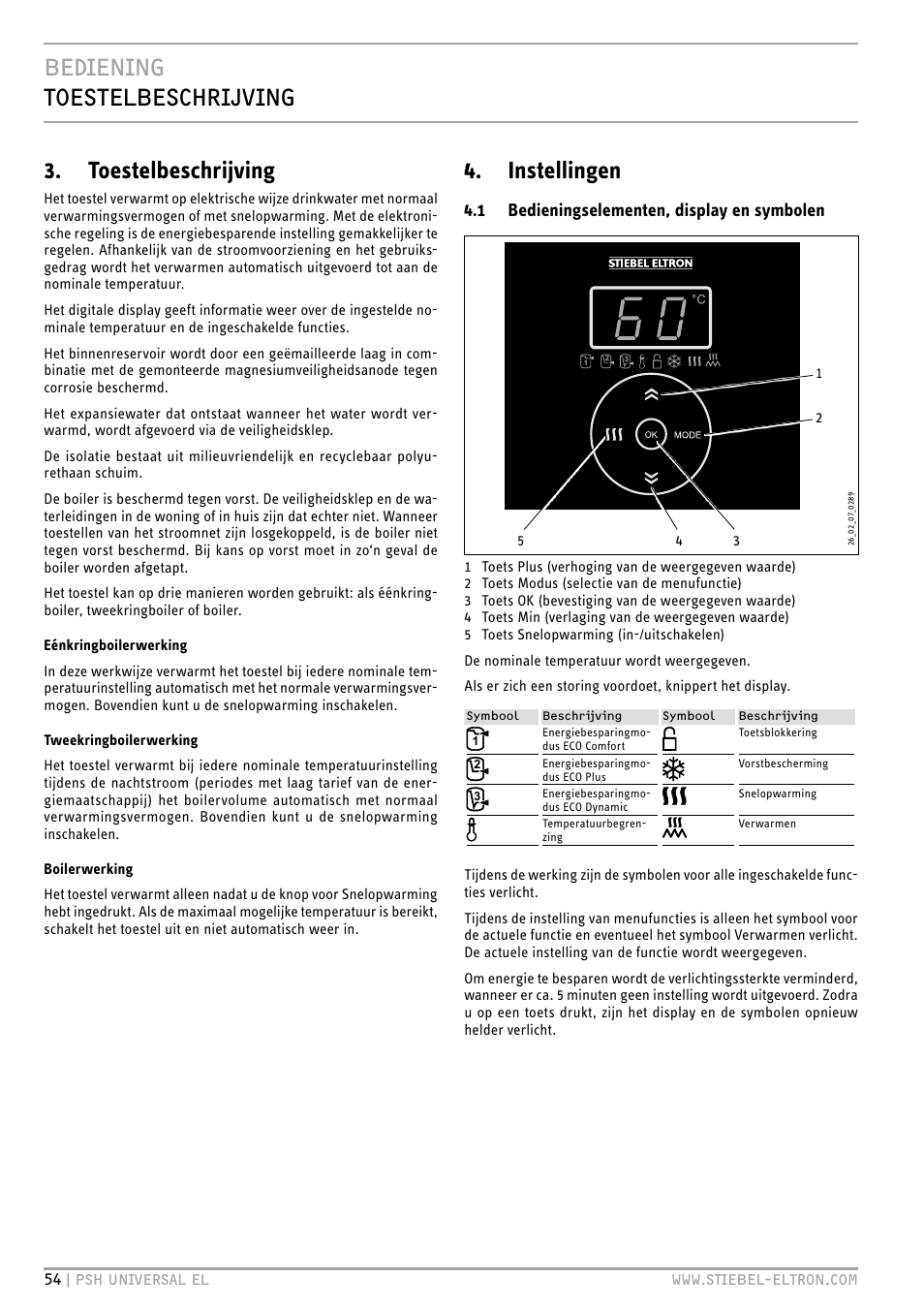 Bediening toestelbeschrijving, Toestelbeschrijving, Instellingen | 1 bedieningselementen, display en symbolen | STIEBEL ELTRON PSH Universal EL с 05.12.2011 User Manual | Page 54 / 100