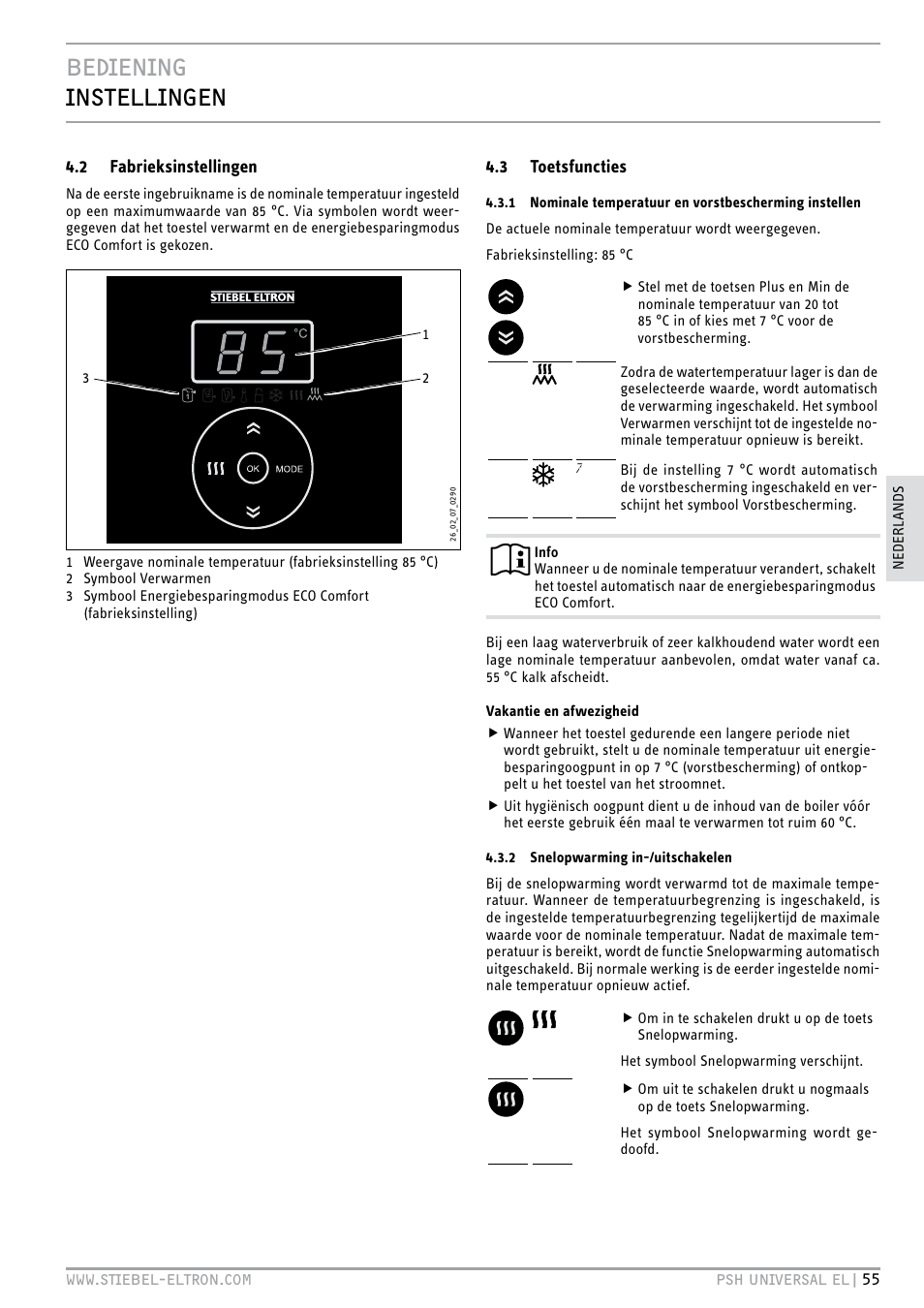 Bediening instellingen, 2 fabrieksinstellingen, 3 toetsfuncties | STIEBEL ELTRON PSH Universal EL с 05.12.2011 User Manual | Page 55 / 100