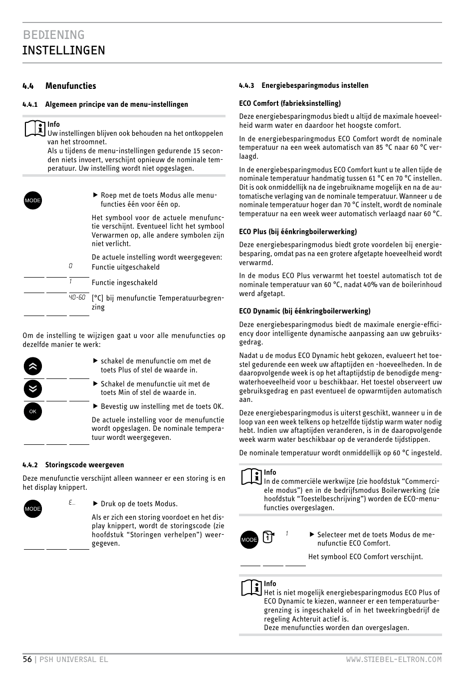 Bediening instellingen, 4 menufuncties | STIEBEL ELTRON PSH Universal EL с 05.12.2011 User Manual | Page 56 / 100
