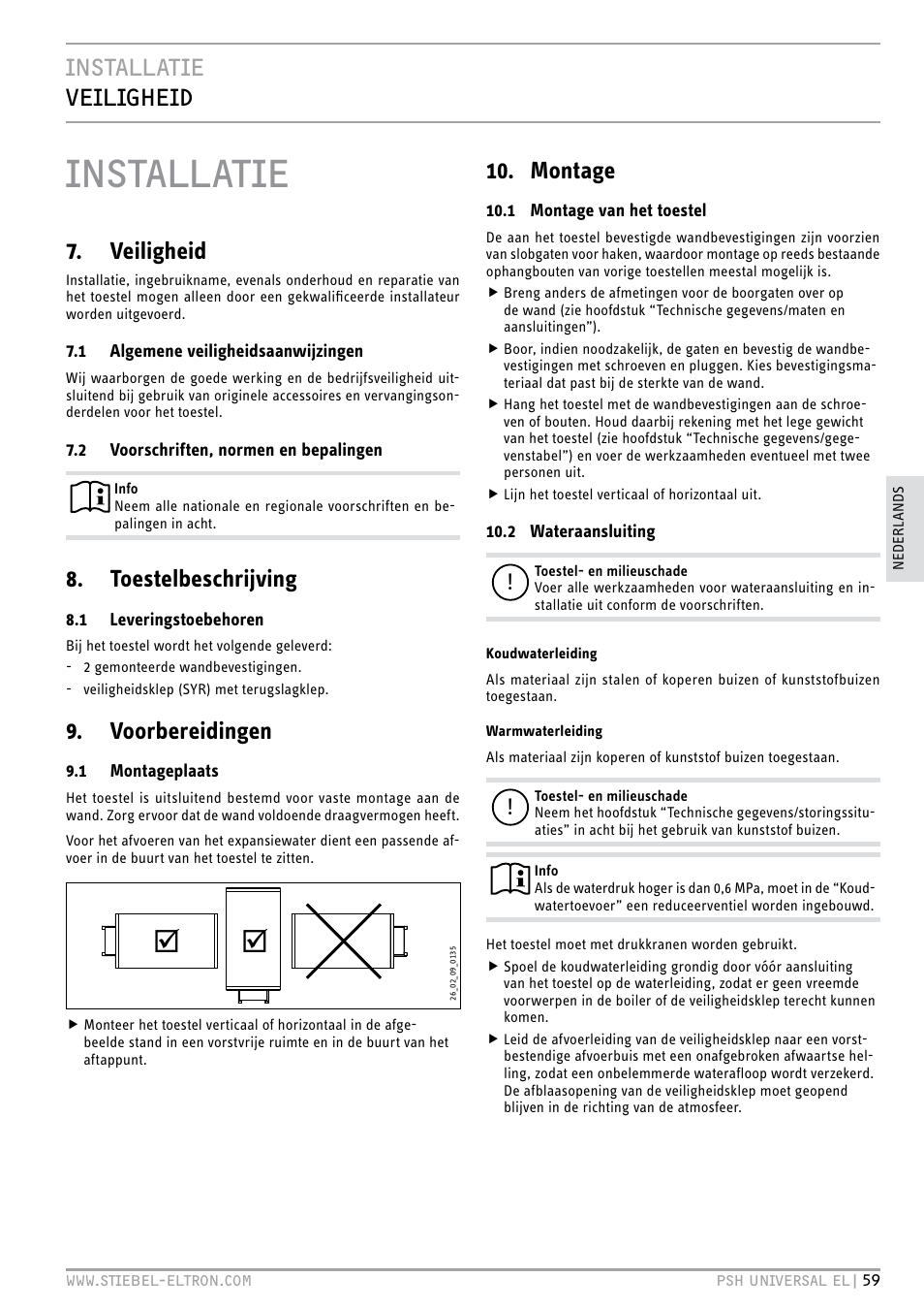 Installatie, Installatie veiligheid, Veiligheid | Toestelbeschrijving, Voorbereidingen, Montage | STIEBEL ELTRON PSH Universal EL с 05.12.2011 User Manual | Page 59 / 100