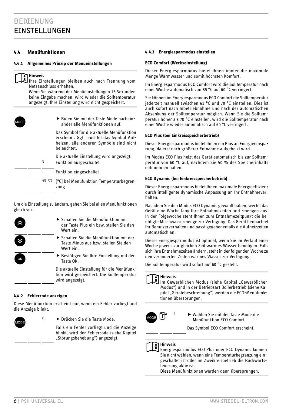 Bedienung einstellungen, 4 menüfunktionen | STIEBEL ELTRON PSH Universal EL с 05.12.2011 User Manual | Page 6 / 100