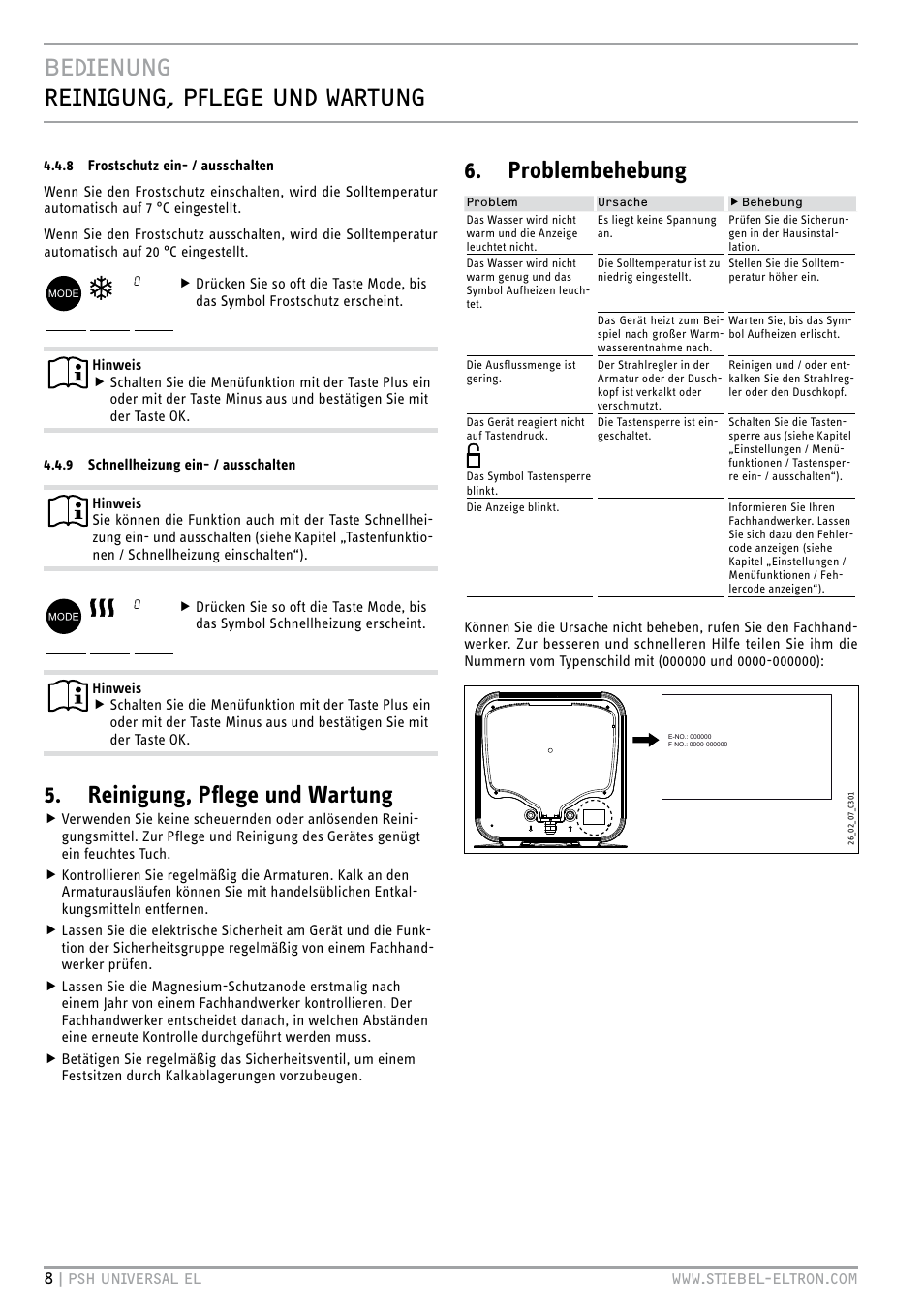 Bedienung reinigung, pflege und wartung, Reinigung, pflege und wartung, Problembehebung | STIEBEL ELTRON PSH Universal EL с 05.12.2011 User Manual | Page 8 / 100