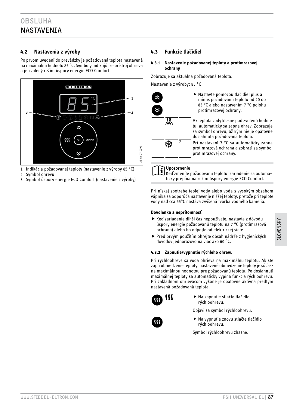 Obsluha nastavenia, 2 nastavenia z výroby, 3 funkcie tlačidiel | STIEBEL ELTRON PSH Universal EL с 05.12.2011 User Manual | Page 87 / 100