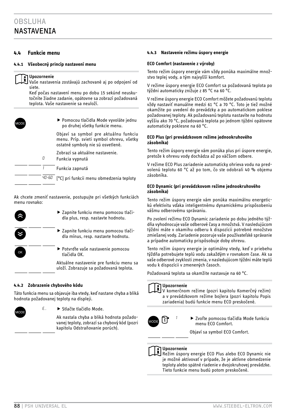 Obsluha nastavenia, 4 funkcie menu | STIEBEL ELTRON PSH Universal EL с 05.12.2011 User Manual | Page 88 / 100