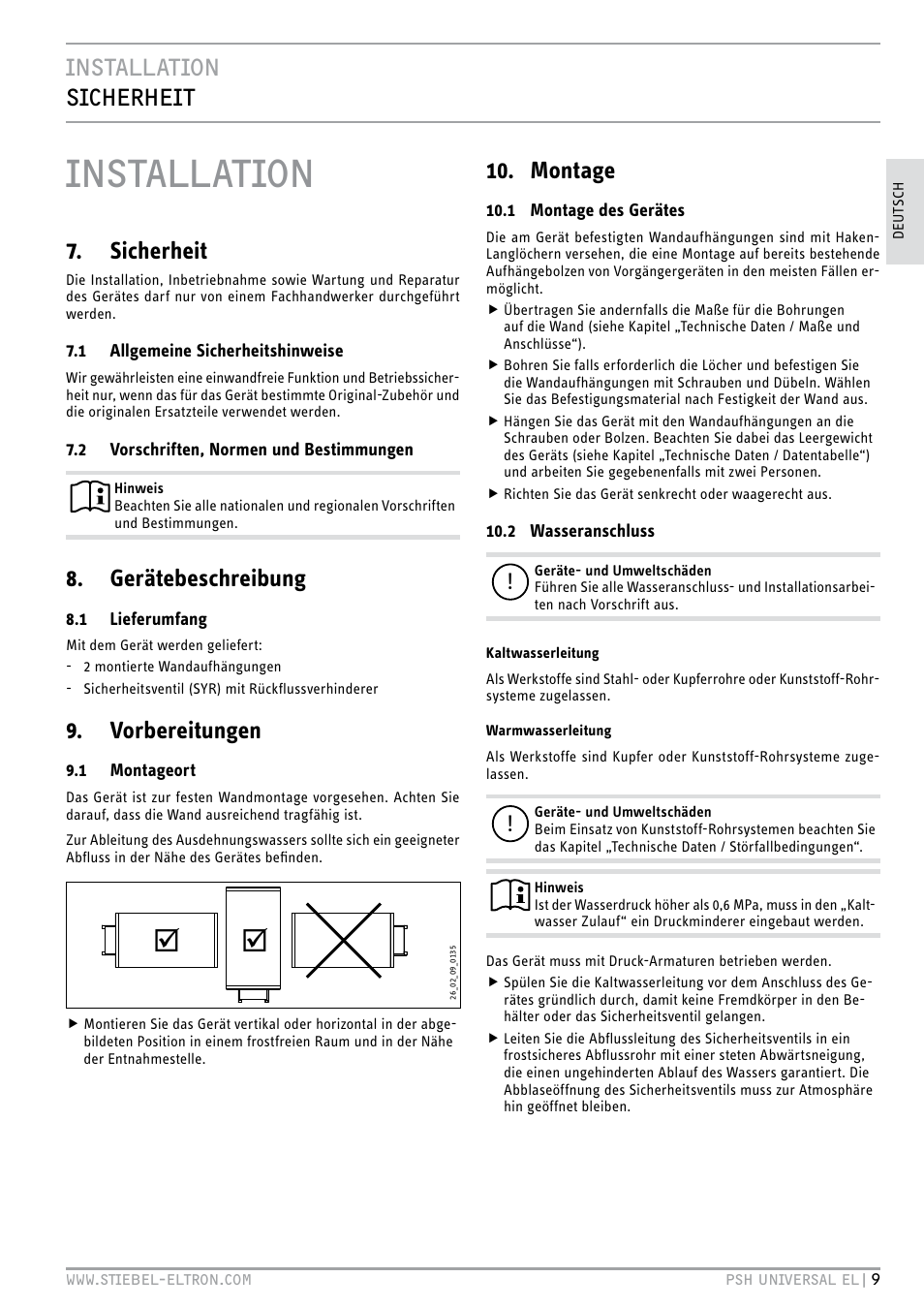 Installation, Installation sicherheit, Sicherheit | Gerätebeschreibung, Vorbereitungen, Montage | STIEBEL ELTRON PSH Universal EL с 05.12.2011 User Manual | Page 9 / 100