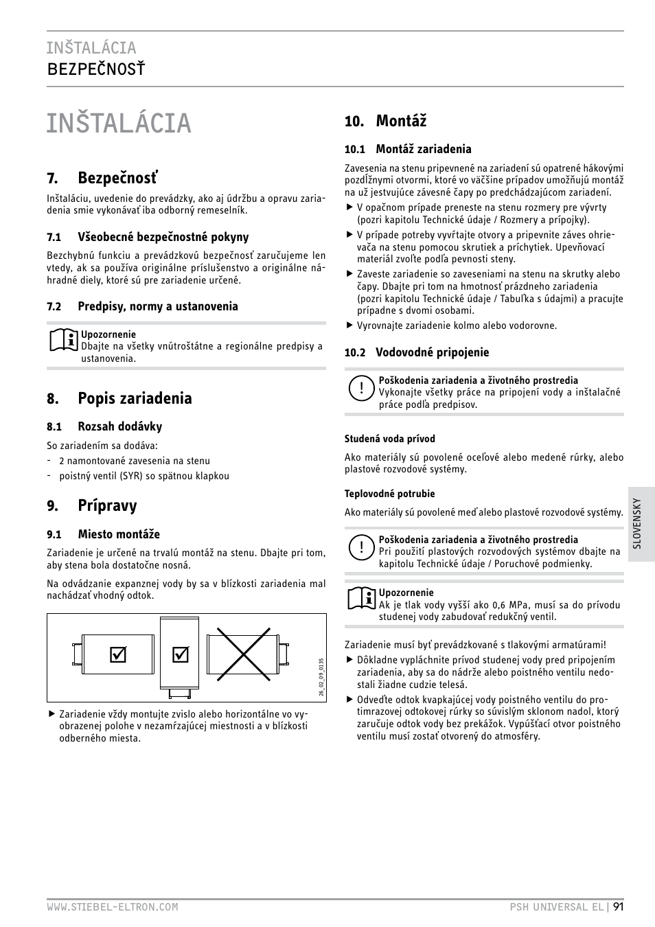 Inštalácia, Inštalácia bezpečnosť, Bezpečnosť | Popis zariadenia, Prípravy, Montáž | STIEBEL ELTRON PSH Universal EL с 05.12.2011 User Manual | Page 91 / 100
