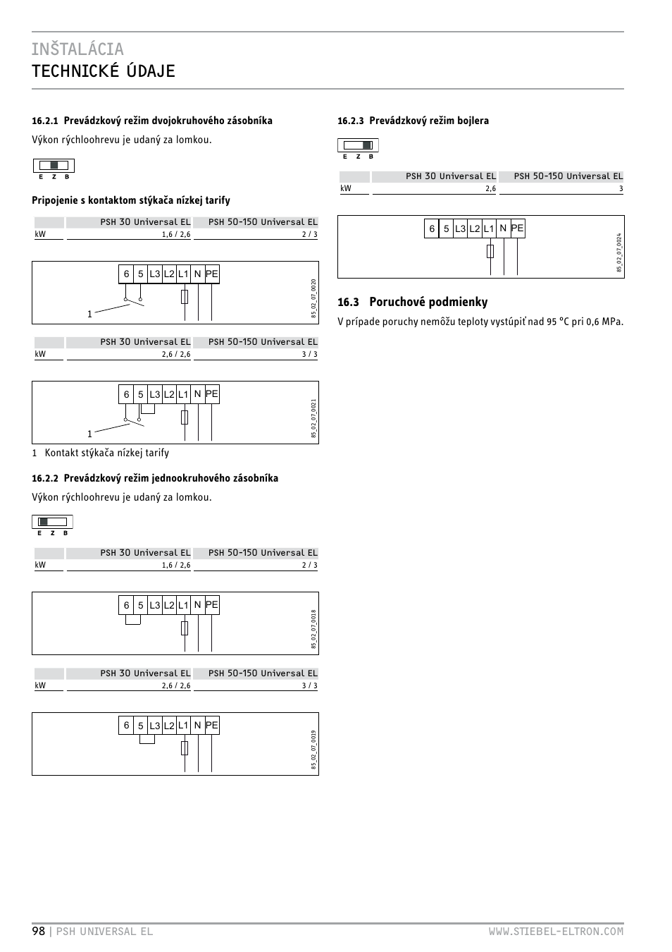 Inštalácia technické údaje, 3 poruchové podmienky, 3 prevádzkový režim bojlera | STIEBEL ELTRON PSH Universal EL с 05.12.2011 User Manual | Page 98 / 100