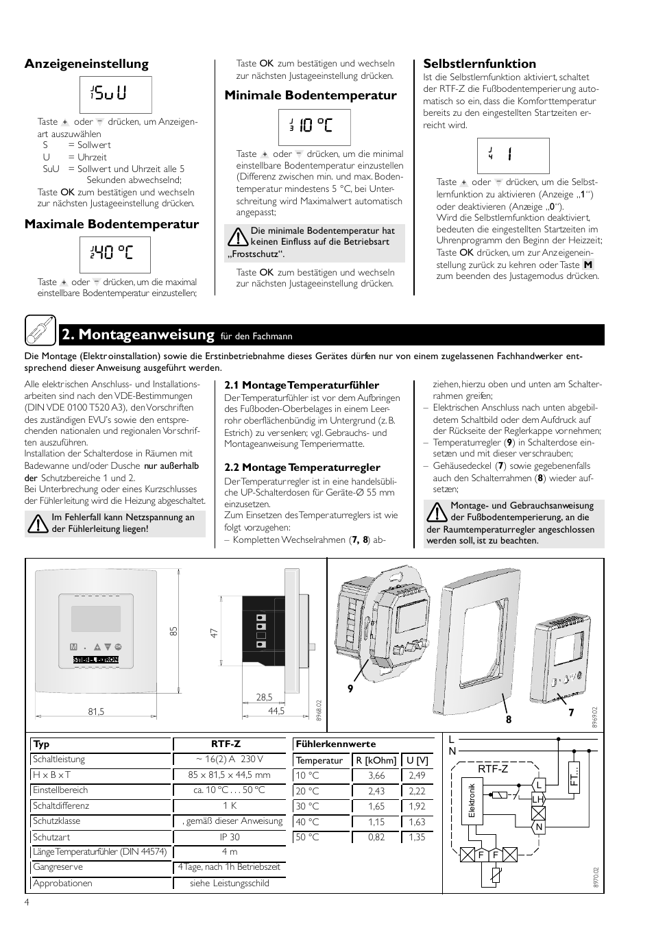 40 °c, Montageanweisung, Anzeigeneinstellung | Maximale bodentemperatur, Minimale bodentemperatur, Selbstlernfunktion | STIEBEL ELTRON RTF Z 20.12.2004 - 12.05.2006 User Manual | Page 4 / 12