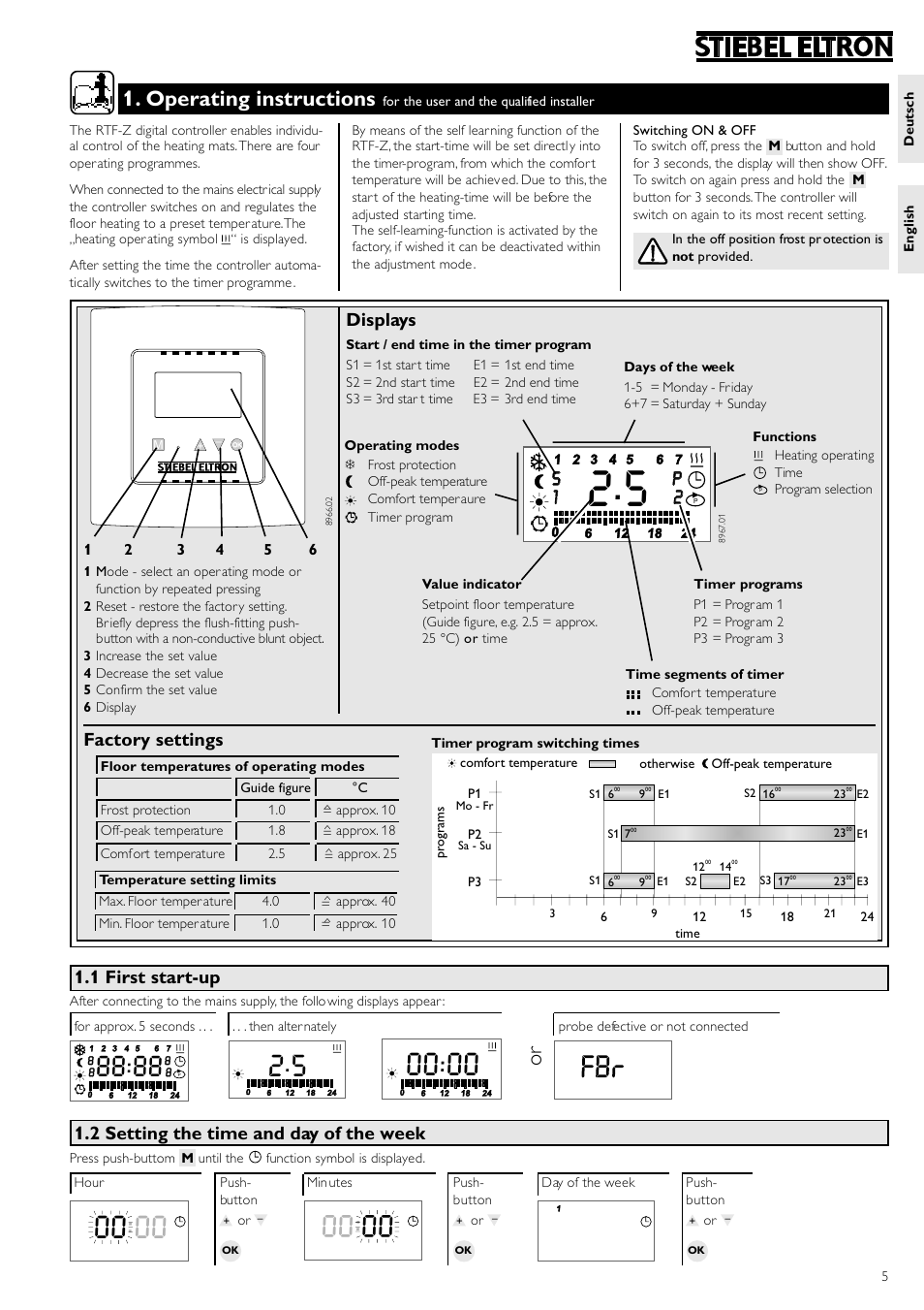 Operating instructions, P2 p 2 s 1 s 1, Factory settings | Displays, 1 first start-up, 2 setting the time and day of the week | STIEBEL ELTRON RTF Z 20.12.2004 - 12.05.2006 User Manual | Page 5 / 12