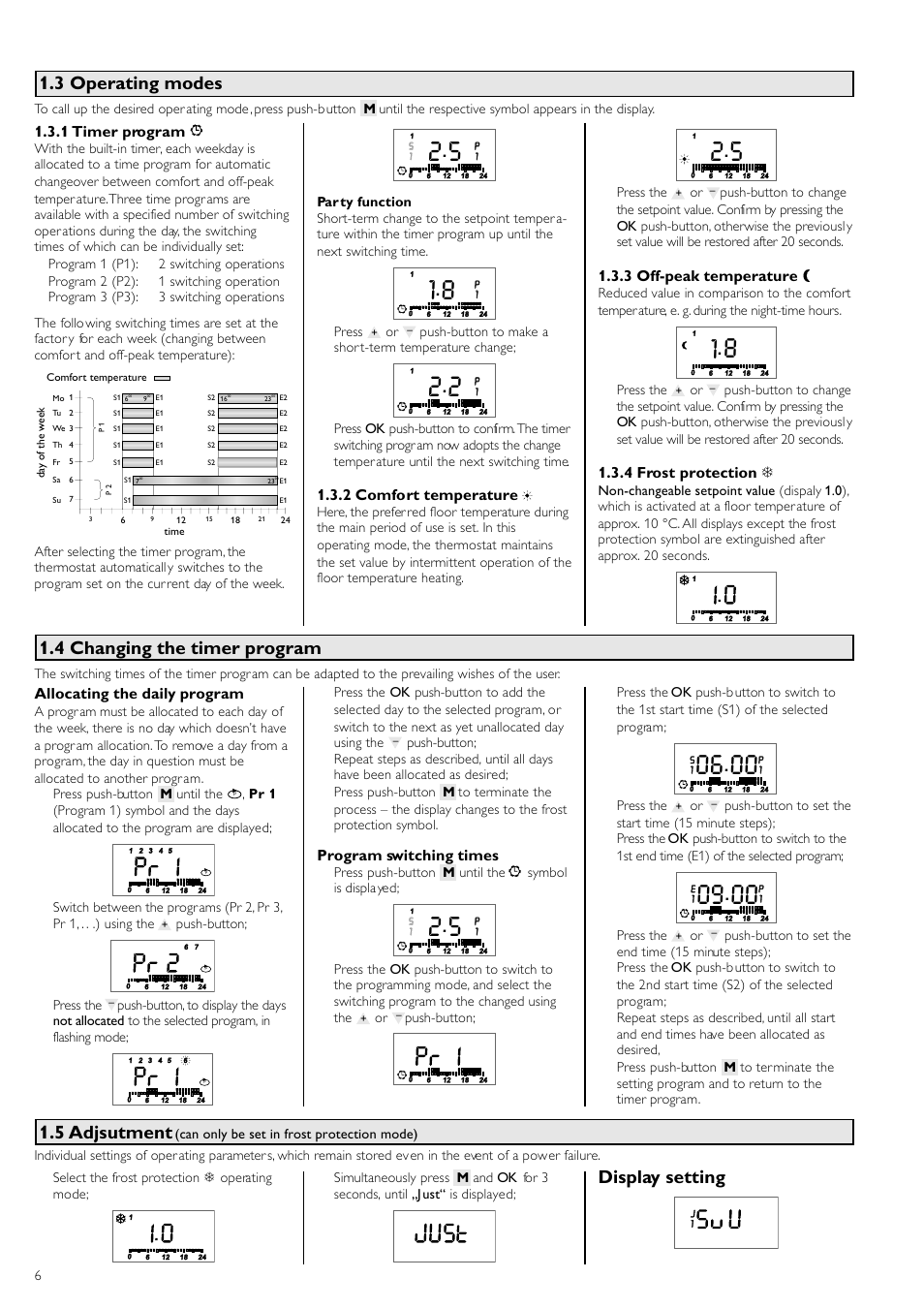 5 adjsutment, Allocating the daily program, Program switching times | 1 timer program, 2 comfort temperature, 3 off-peak temperature, 4 frost protection 7 | STIEBEL ELTRON RTF Z 20.12.2004 - 12.05.2006 User Manual | Page 6 / 12