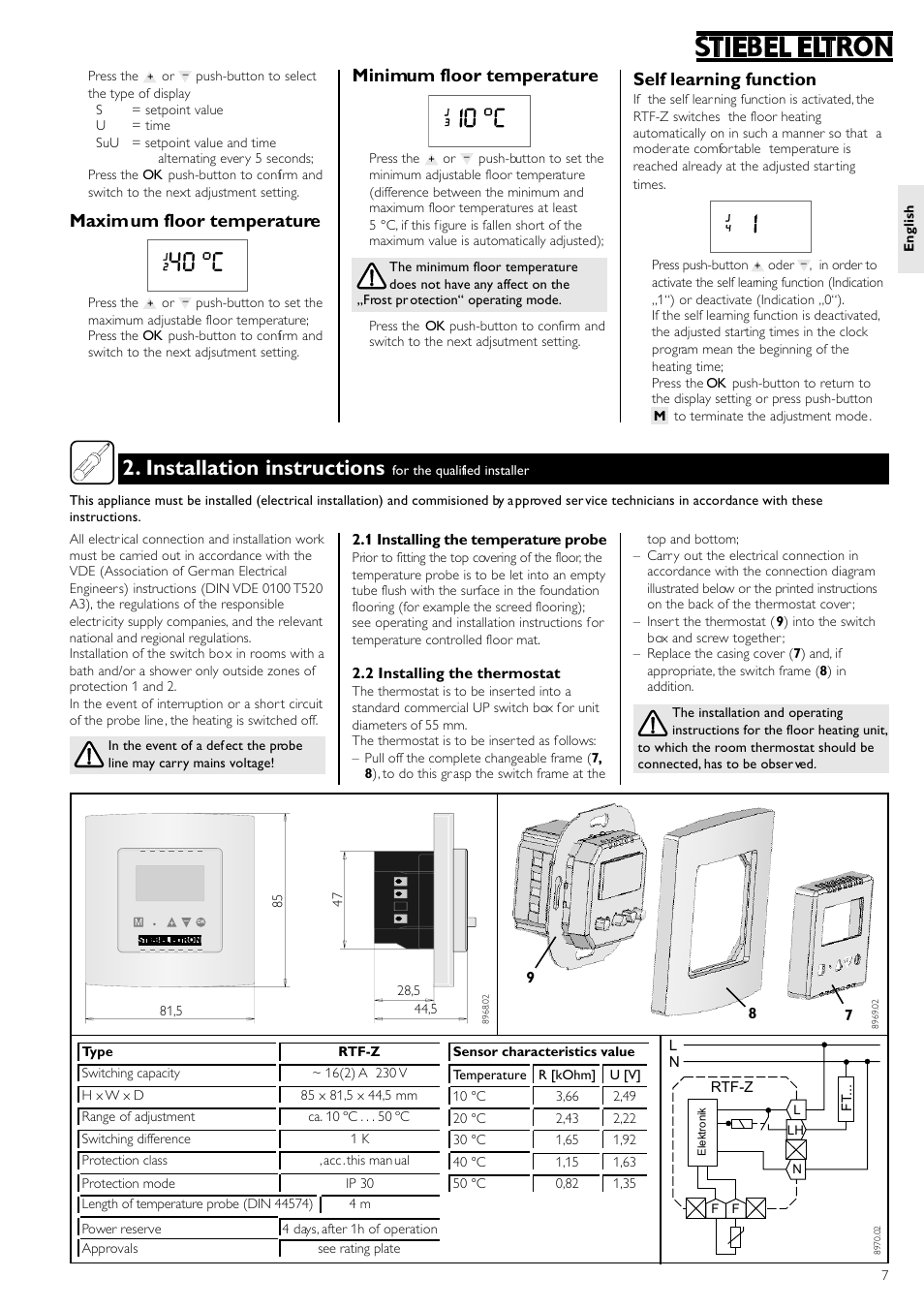 40 °c, Installation instructions, Maximum floor temperature | Minimum floor temperature, Self learning function | STIEBEL ELTRON RTF Z 20.12.2004 - 12.05.2006 User Manual | Page 7 / 12