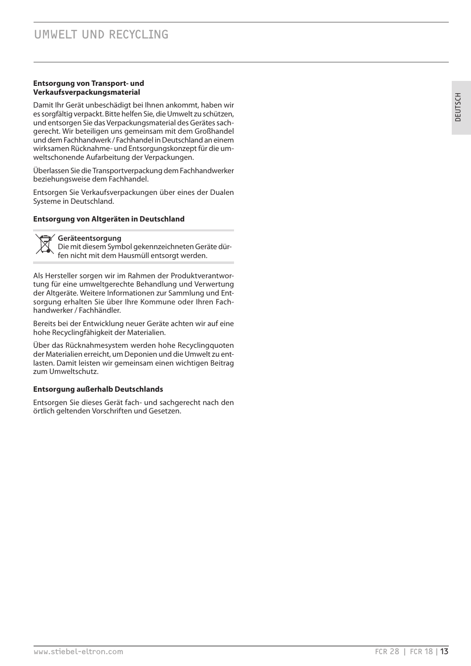 Umwelt und recycling | STIEBEL ELTRON FCR 18-28 User Manual | Page 13 / 60