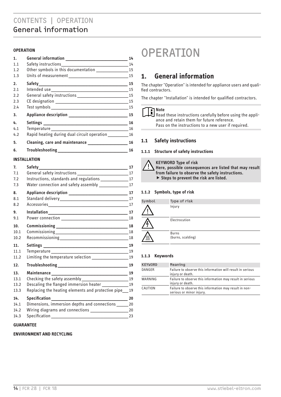 Operation, Contents | operation general information, General information | STIEBEL ELTRON FCR 18-28 User Manual | Page 14 / 60