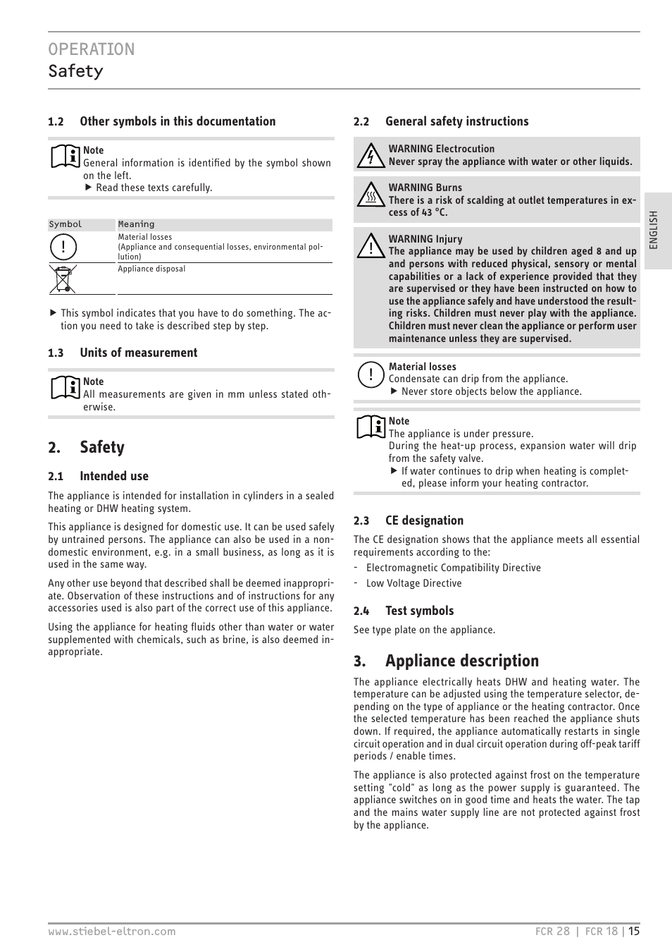Operation safety, Safety, Appliance description | STIEBEL ELTRON FCR 18-28 User Manual | Page 15 / 60