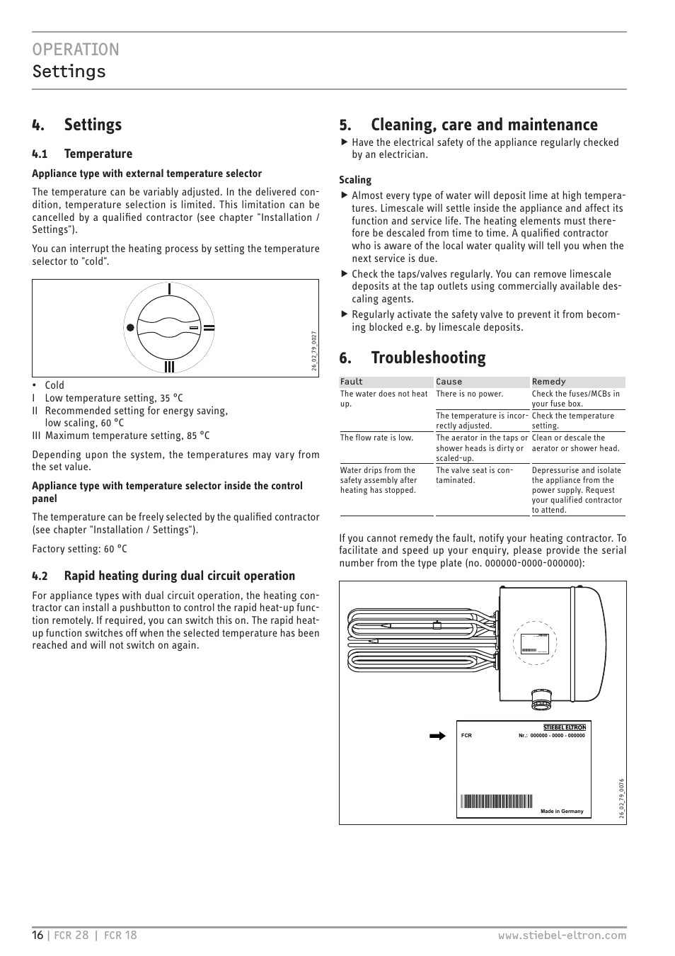 Operation settings, Settings, Cleaning, care and maintenance | Troubleshooting, 1 temperature, 2 rapid heating during dual circuit operation | STIEBEL ELTRON FCR 18-28 User Manual | Page 16 / 60