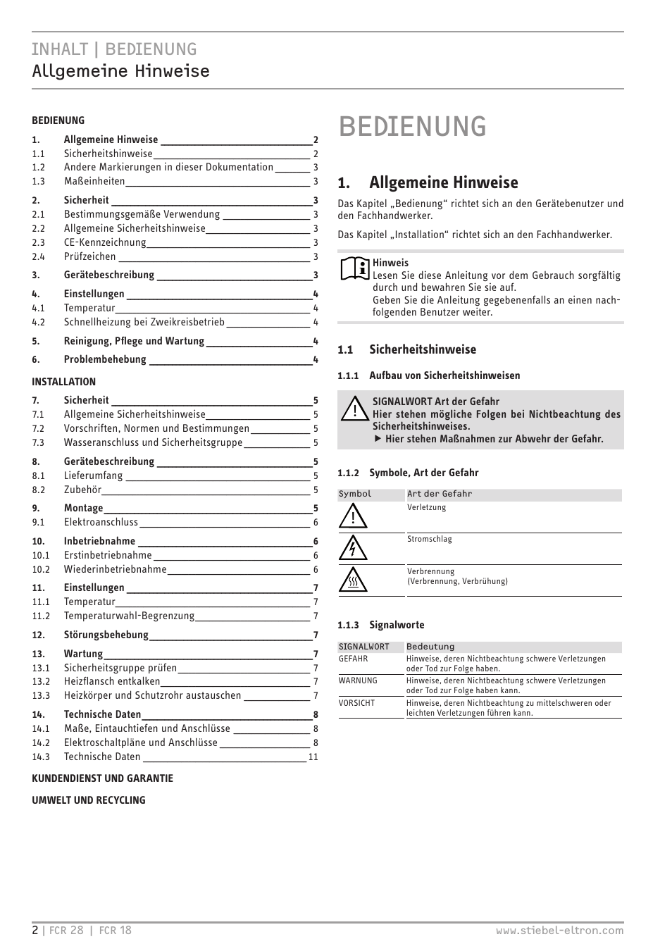 Bedienung, Inhalt | bedienung allgemeine hinweise, Allgemeine hinweise | STIEBEL ELTRON FCR 18-28 User Manual | Page 2 / 60