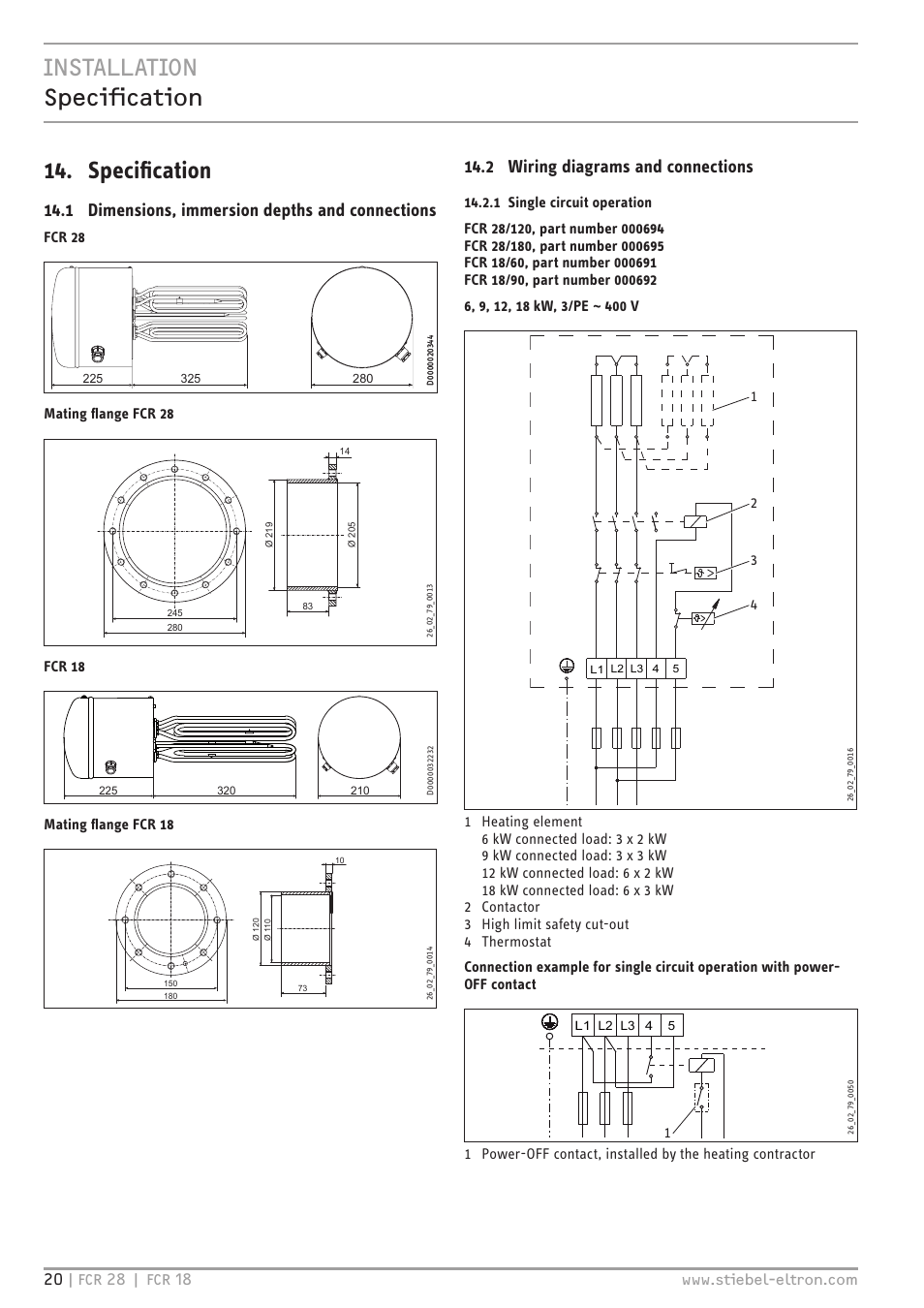 Installation specification 14. specification, 1 dimensions, immersion depths and connections, 2 wiring diagrams and connections | Fcr 28, Mating flange fcr 28, Fcr 18, Mating flange fcr 18 | STIEBEL ELTRON FCR 18-28 User Manual | Page 20 / 60