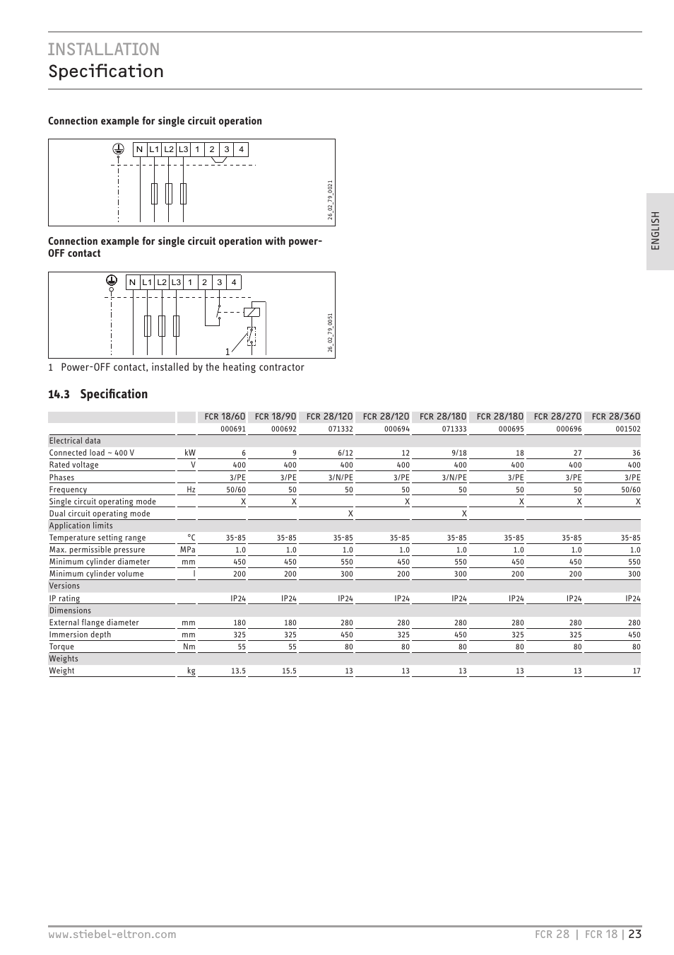 Installation specification, 3 specification, Connection example for single circuit operation | STIEBEL ELTRON FCR 18-28 User Manual | Page 23 / 60