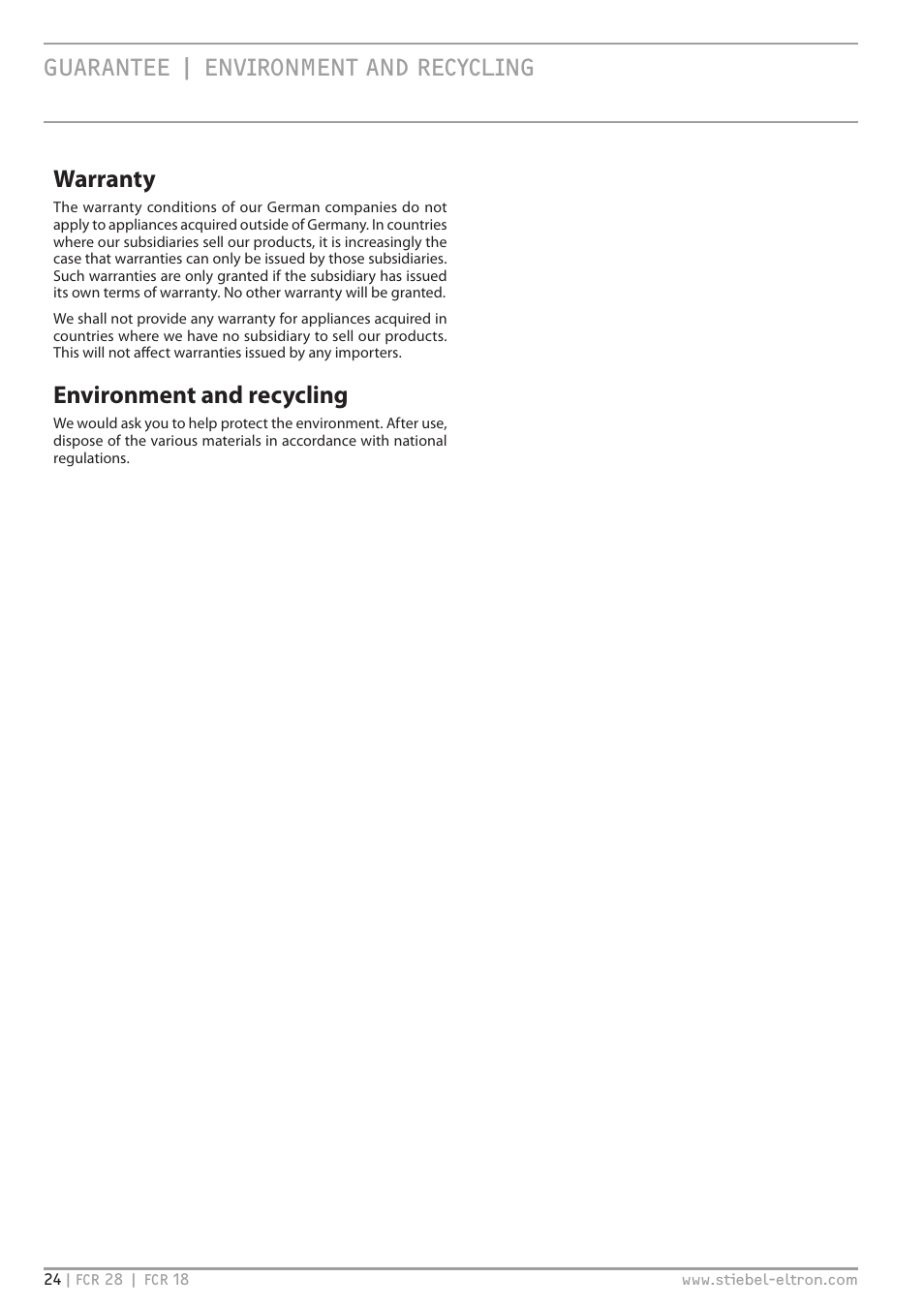 Guarantee environment and recycling, Guarantee | environment and recycling, Warranty | Environment and recycling | STIEBEL ELTRON FCR 18-28 User Manual | Page 24 / 60