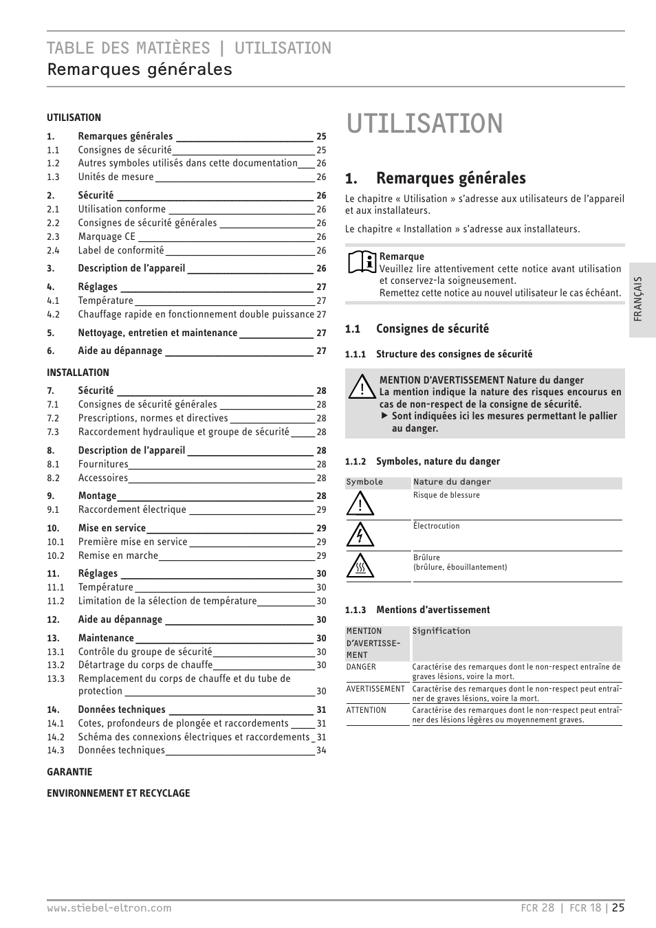 Utilisation, Remarques générales | STIEBEL ELTRON FCR 18-28 User Manual | Page 25 / 60