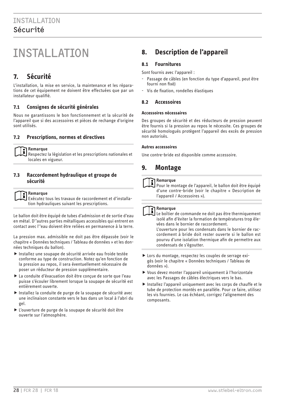 Installation, Installation sécurité, Sécurité | Description de l’appareil, Montage | STIEBEL ELTRON FCR 18-28 User Manual | Page 28 / 60