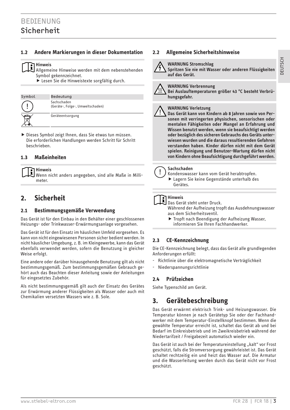 Bedienung sicherheit, Sicherheit, Gerätebeschreibung | STIEBEL ELTRON FCR 18-28 User Manual | Page 3 / 60