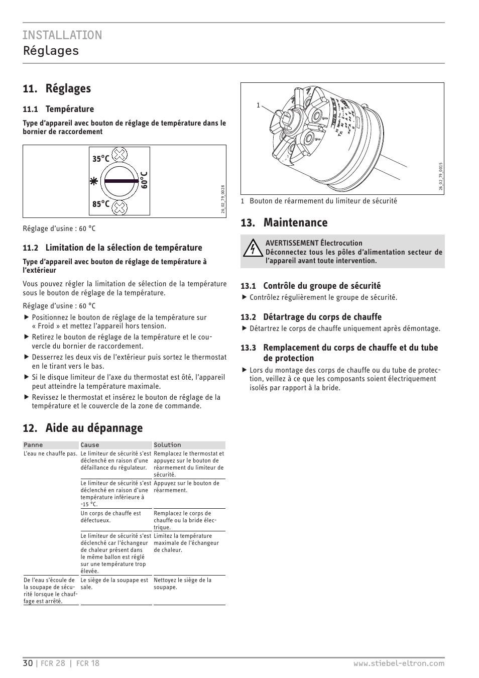 Installation réglages 11. réglages, Aide au dépannage, Maintenance | 1 température, 2 limitation de la sélection de température, 1 contrôle du groupe de sécurité, 2 détartrage du corps de chauffe | STIEBEL ELTRON FCR 18-28 User Manual | Page 30 / 60