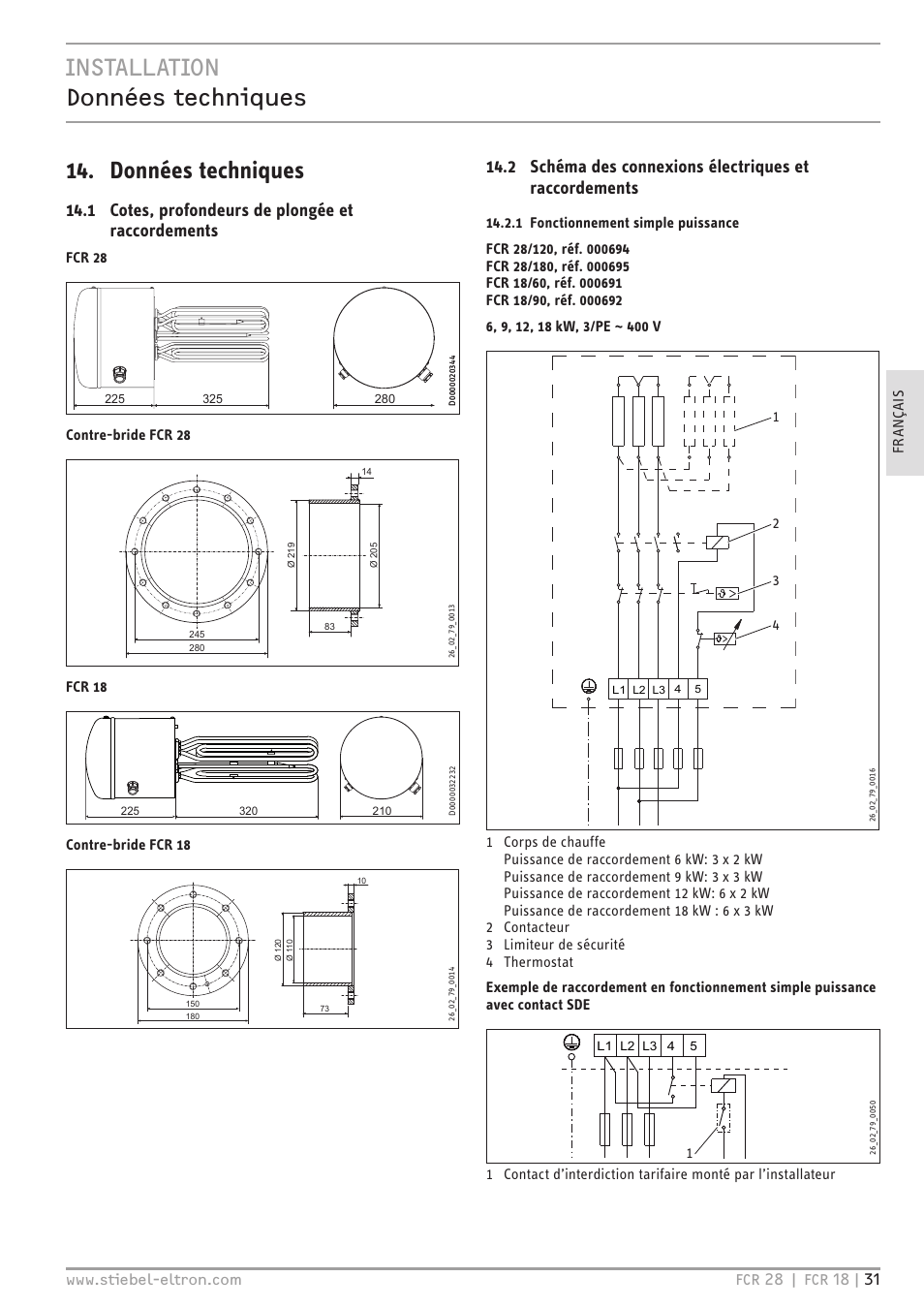 1 cotes, profondeurs de plongée et raccordements, Fcr 28, Contre-bride fcr 28 | Fcr 18, Contre-bride fcr 18 | STIEBEL ELTRON FCR 18-28 User Manual | Page 31 / 60