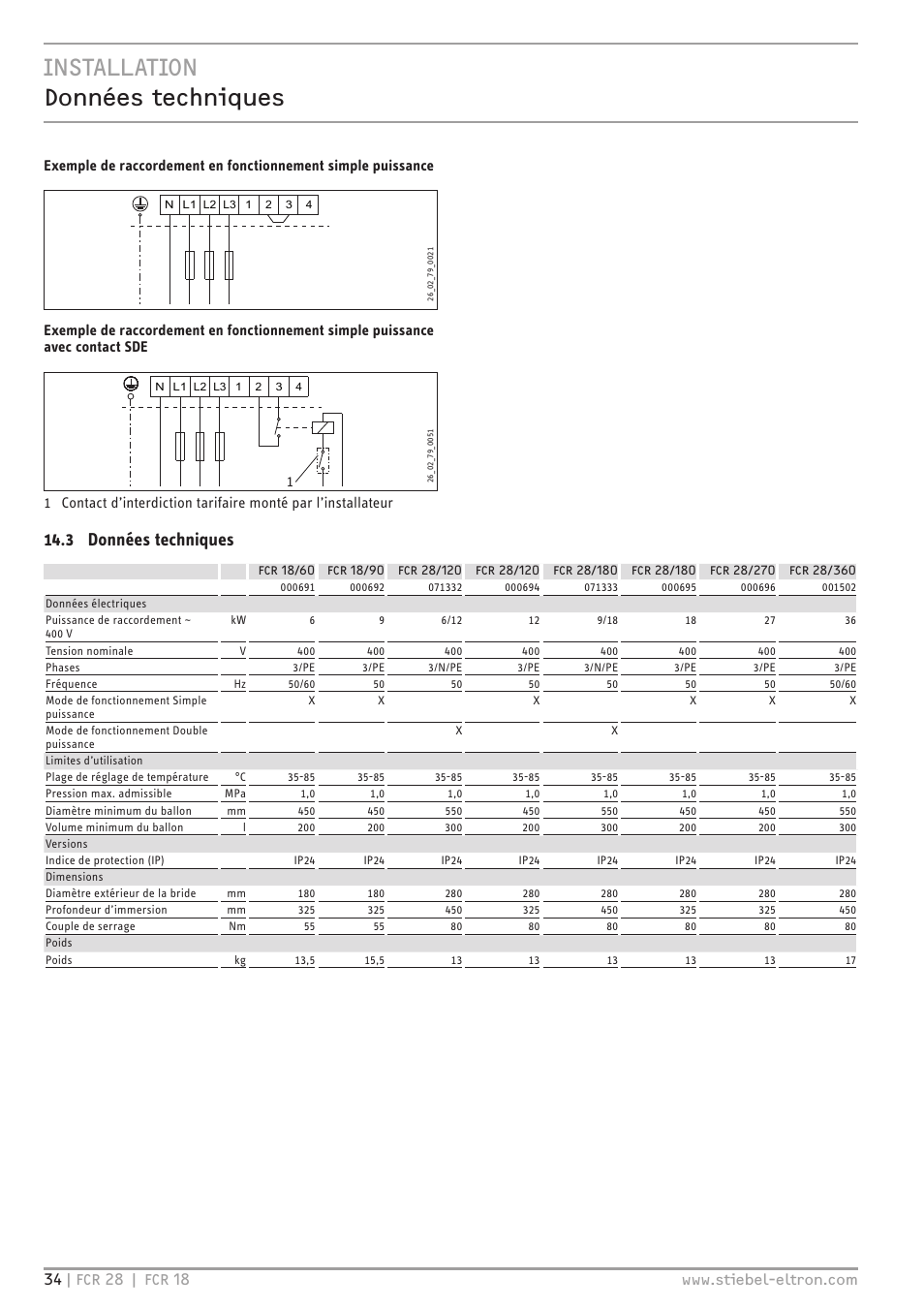 Installation données techniques, 3 données techniques | STIEBEL ELTRON FCR 18-28 User Manual | Page 34 / 60