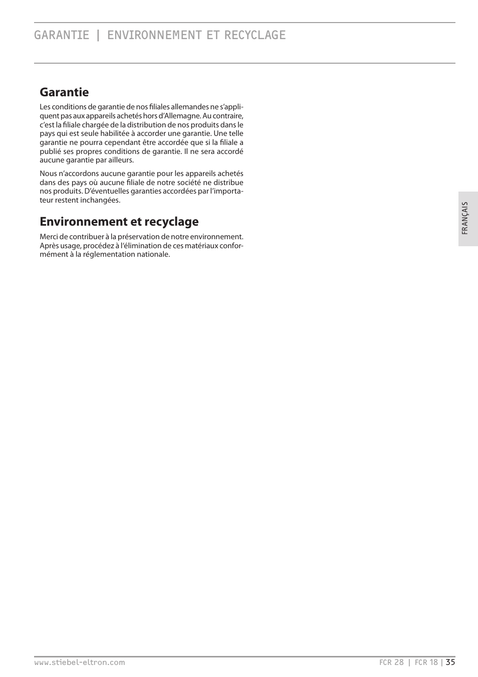 Garantie | environnement et recyclage, Garantie, Environnement et recyclage | STIEBEL ELTRON FCR 18-28 User Manual | Page 35 / 60