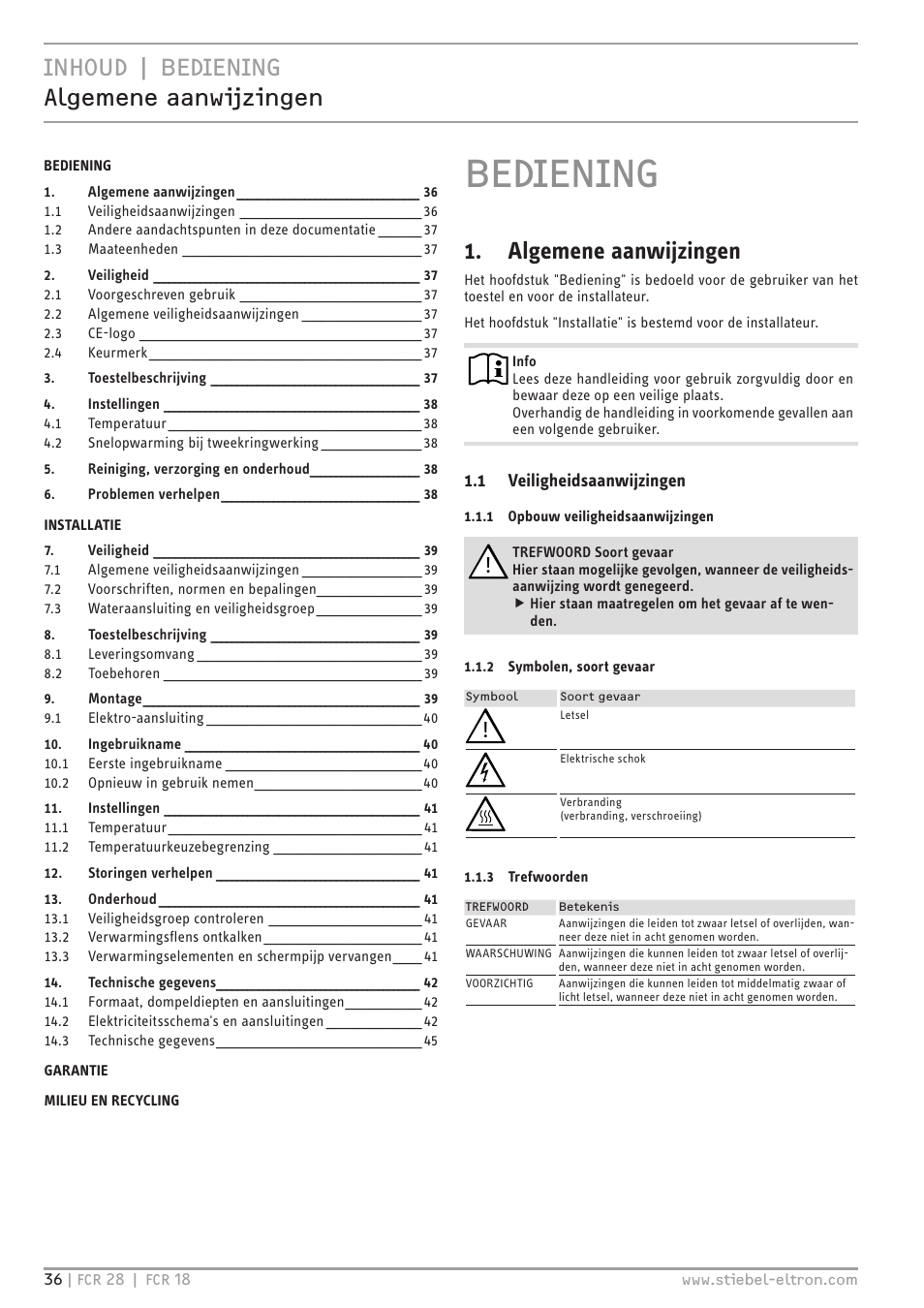 Bediening, Inhoud | bediening algemene aanwijzingen, Algemene aanwijzingen | STIEBEL ELTRON FCR 18-28 User Manual | Page 36 / 60
