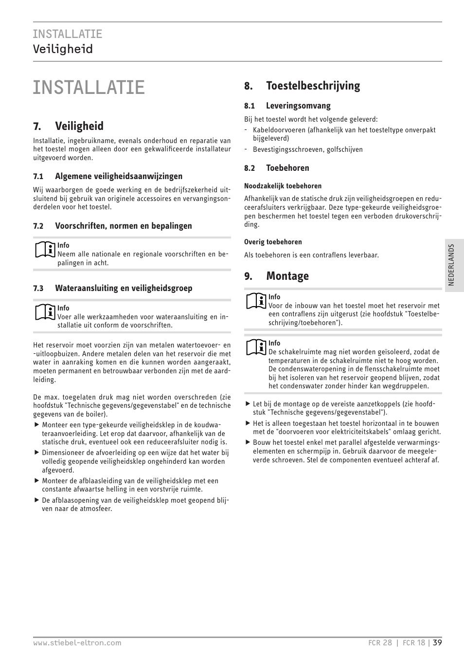 Installatie, Installatie veiligheid, Veiligheid | Toestelbeschrijving, Montage | STIEBEL ELTRON FCR 18-28 User Manual | Page 39 / 60