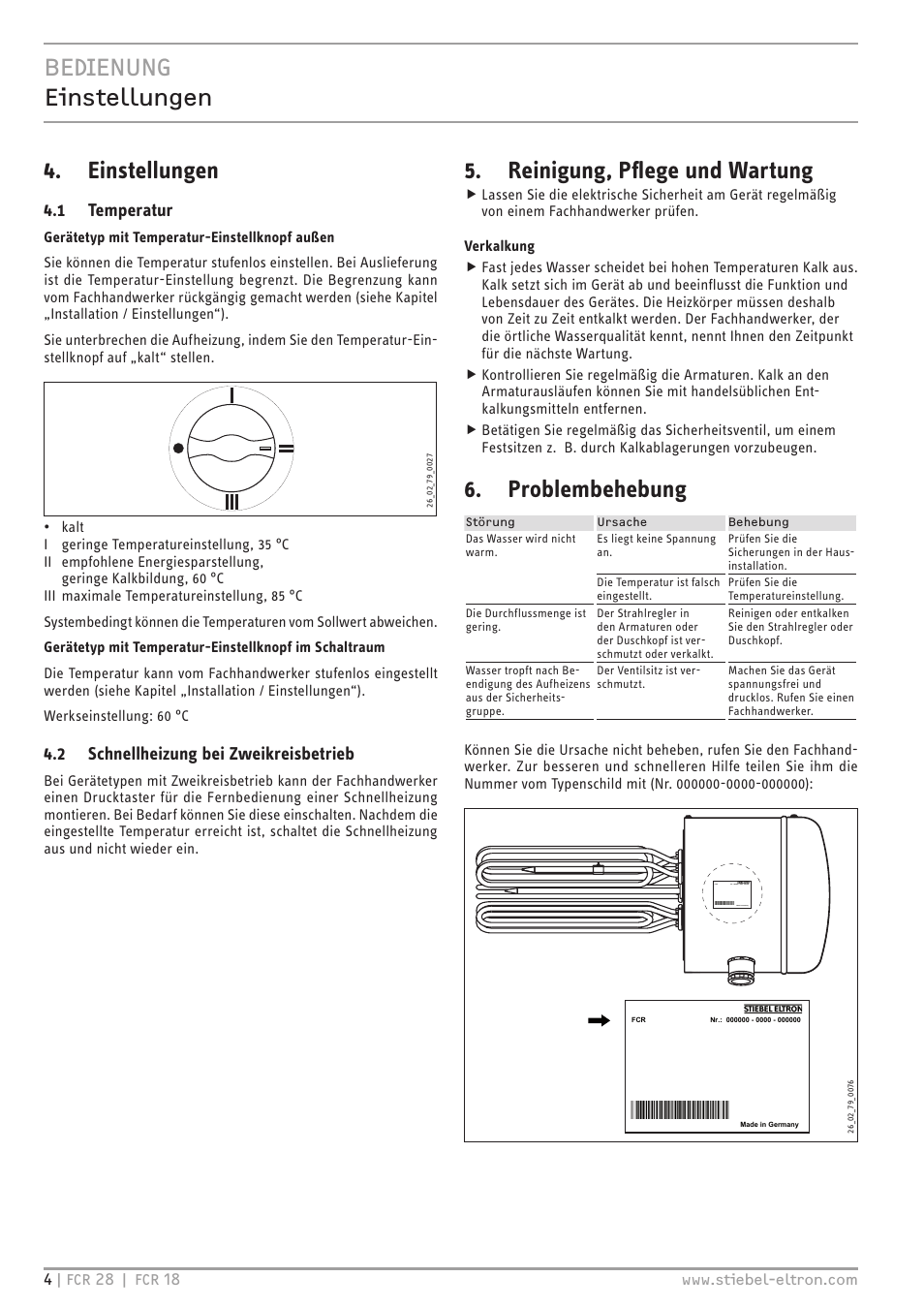 Bedienung einstellungen, Einstellungen, Reinigung, pflege und wartung | Problembehebung, 1 temperatur, 2 schnellheizung bei zweikreisbetrieb | STIEBEL ELTRON FCR 18-28 User Manual | Page 4 / 60