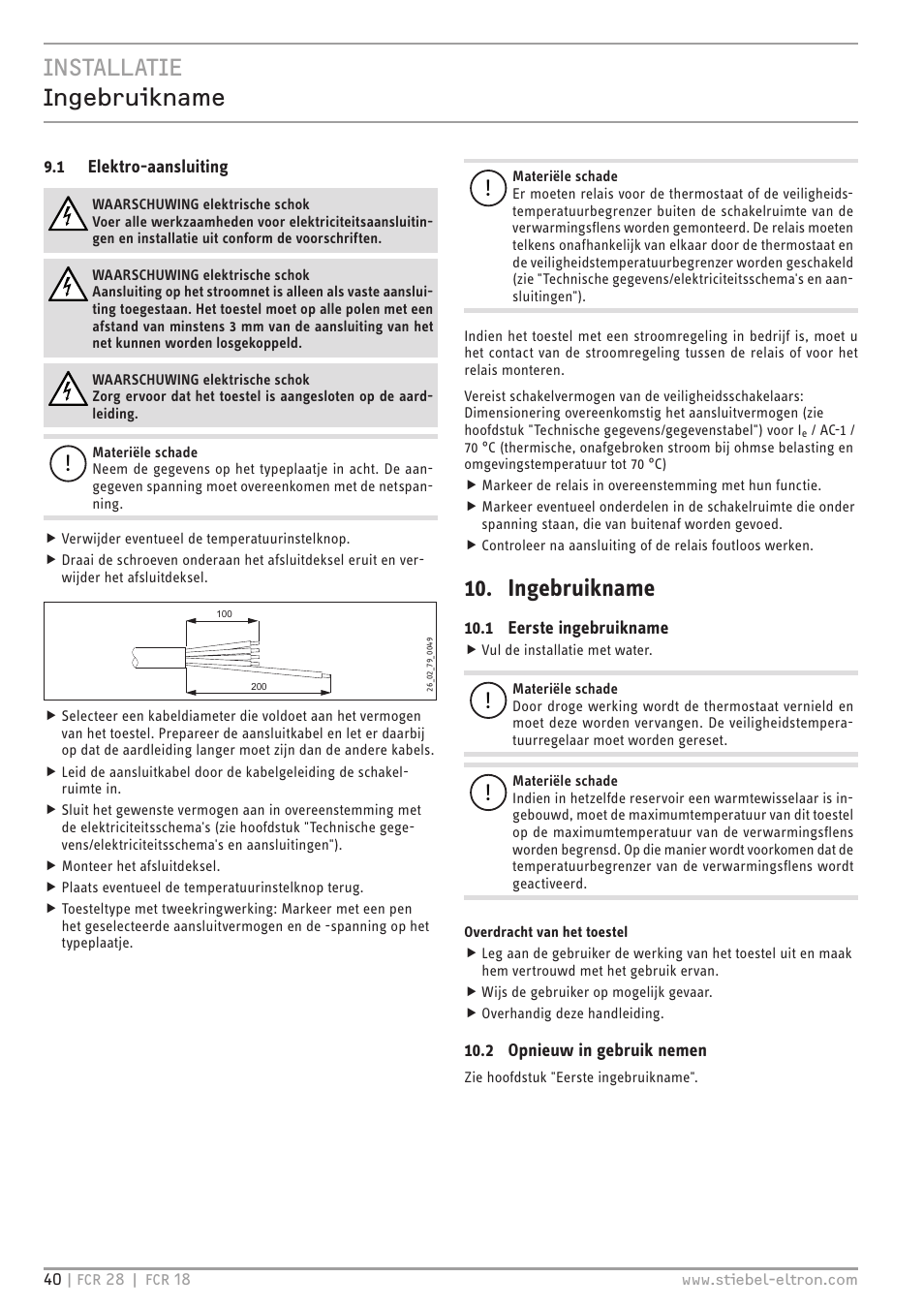 Installatie ingebruikname, Ingebruikname | STIEBEL ELTRON FCR 18-28 User Manual | Page 40 / 60