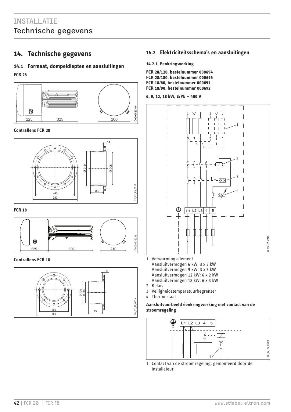1 formaat, dompeldiepten en aansluitingen, 2 elektriciteitsschema's en aansluitingen, Fcr 28 | Contraflens fcr 28, Fcr 18, Contraflens fcr 18 | STIEBEL ELTRON FCR 18-28 User Manual | Page 42 / 60