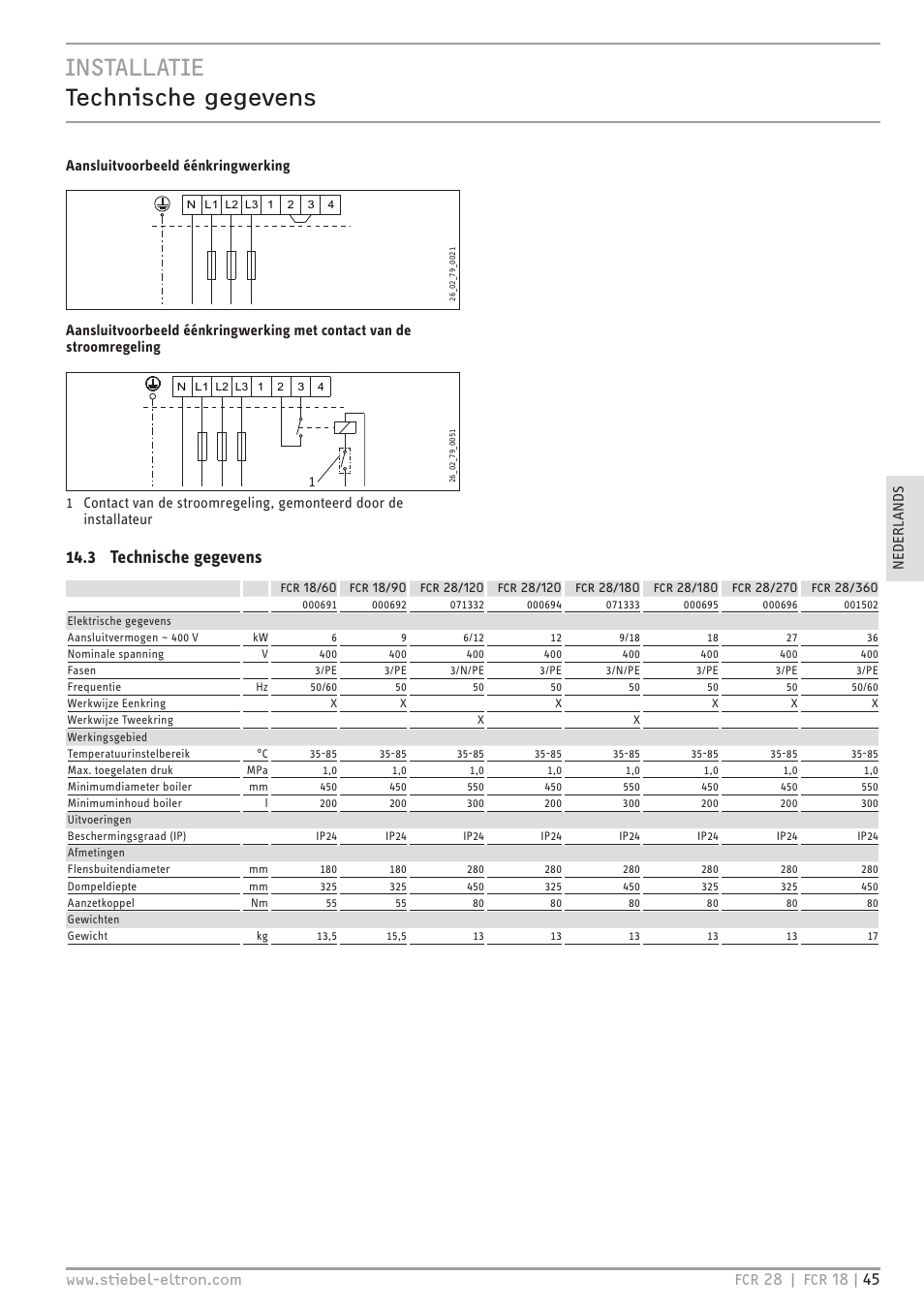 Installatie technische gegevens, 3 technische gegevens, Aansluitvoorbeeld éénkringwerking | STIEBEL ELTRON FCR 18-28 User Manual | Page 45 / 60