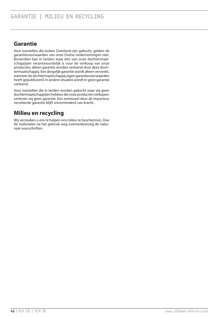 Garantie | milieu en recycling, Garantie, Milieu en recycling | STIEBEL ELTRON FCR 18-28 User Manual | Page 46 / 60