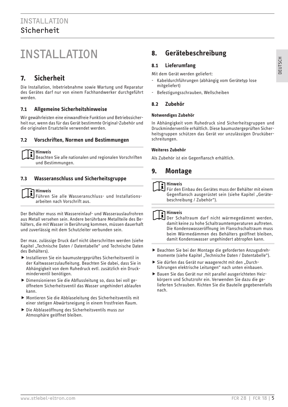 Installation, Installation sicherheit, Sicherheit | Gerätebeschreibung, Montage | STIEBEL ELTRON FCR 18-28 User Manual | Page 5 / 60