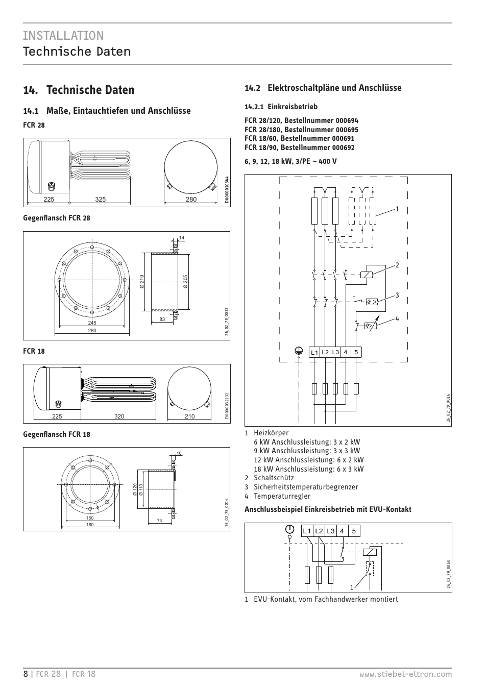 Installation technische daten 14. technische daten, 1 maße, eintauchtiefen und anschlüsse, 2 elektroschaltpläne und anschlüsse | Fcr 28, Gegenflansch fcr 28, Fcr 18, Gegenflansch fcr 18, 1 evu-kontakt, vom fachhandwerker montiert | STIEBEL ELTRON FCR 18-28 User Manual | Page 8 / 60