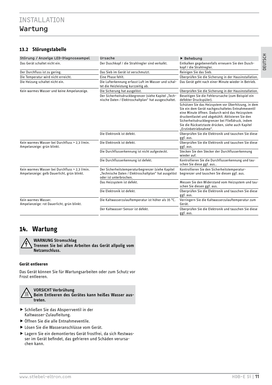 Installation wartung, Wartung, 2 störungstabelle | STIEBEL ELTRON HDB-E Si 01.11.2012 - 31.01.2013 User Manual | Page 11 / 72