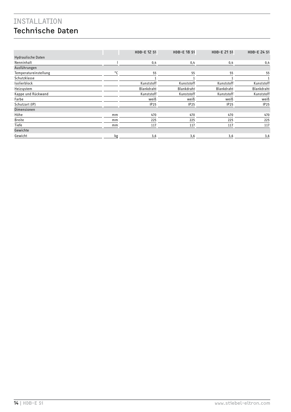 Installation technische daten | STIEBEL ELTRON HDB-E Si 01.11.2012 - 31.01.2013 User Manual | Page 14 / 72
