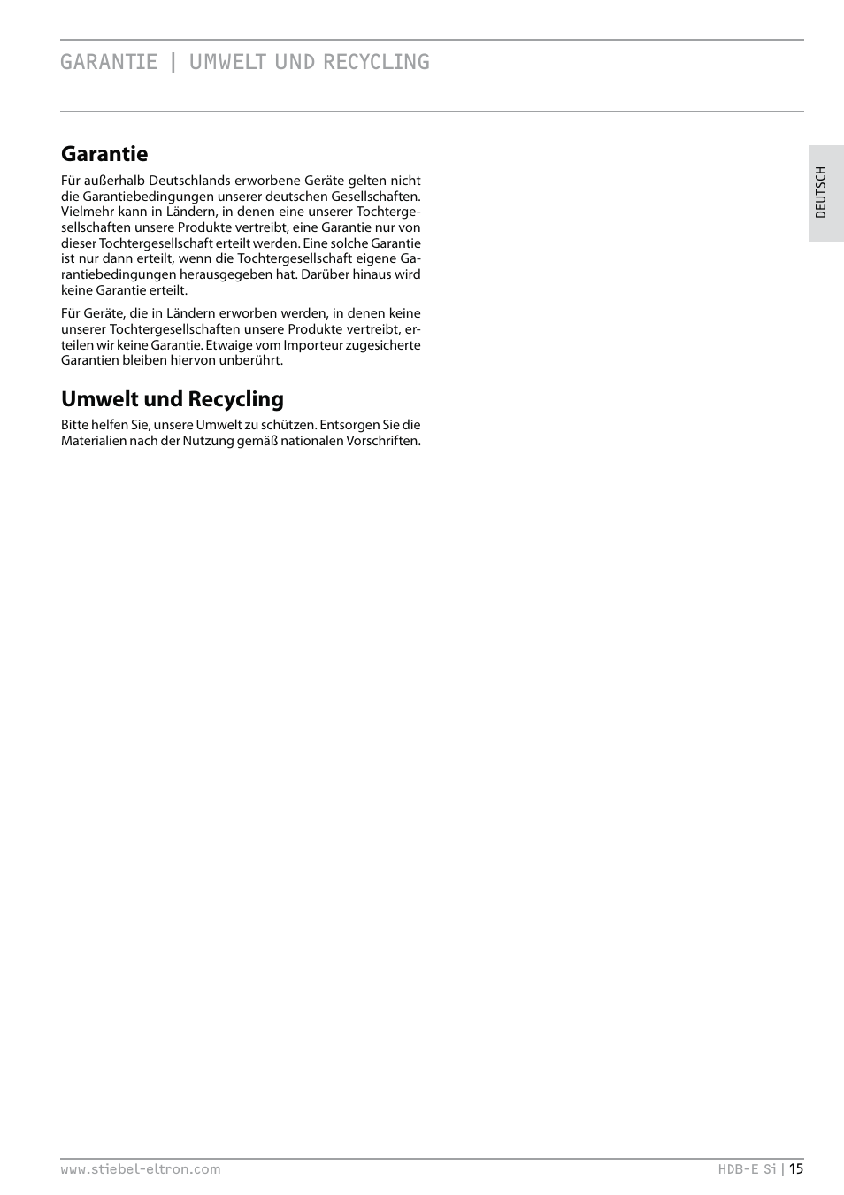 Garantie | umwelt und recycling garantie, Umwelt und recycling | STIEBEL ELTRON HDB-E Si 01.11.2012 - 31.01.2013 User Manual | Page 15 / 72