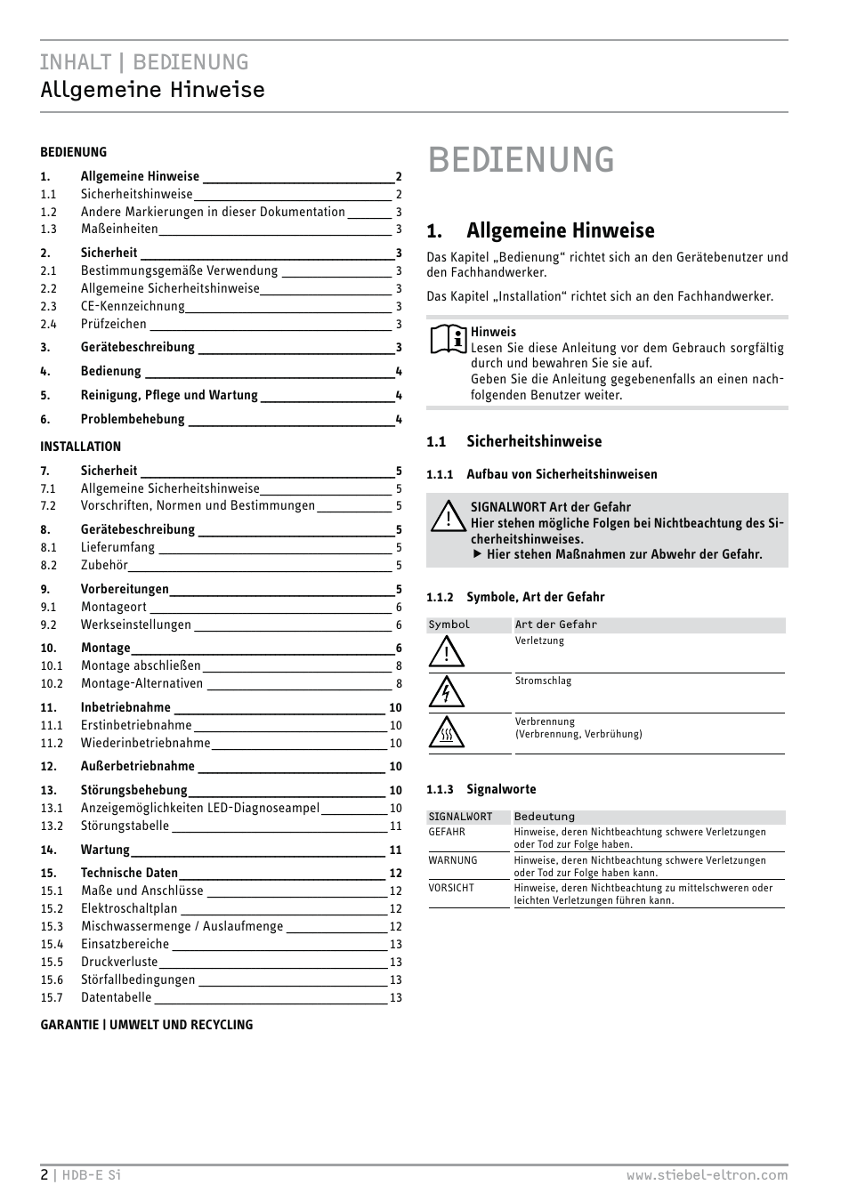 Bedienung, Inhalt | bedienung allgemeine hinweise, Allgemeine hinweise | STIEBEL ELTRON HDB-E Si 01.11.2012 - 31.01.2013 User Manual | Page 2 / 72