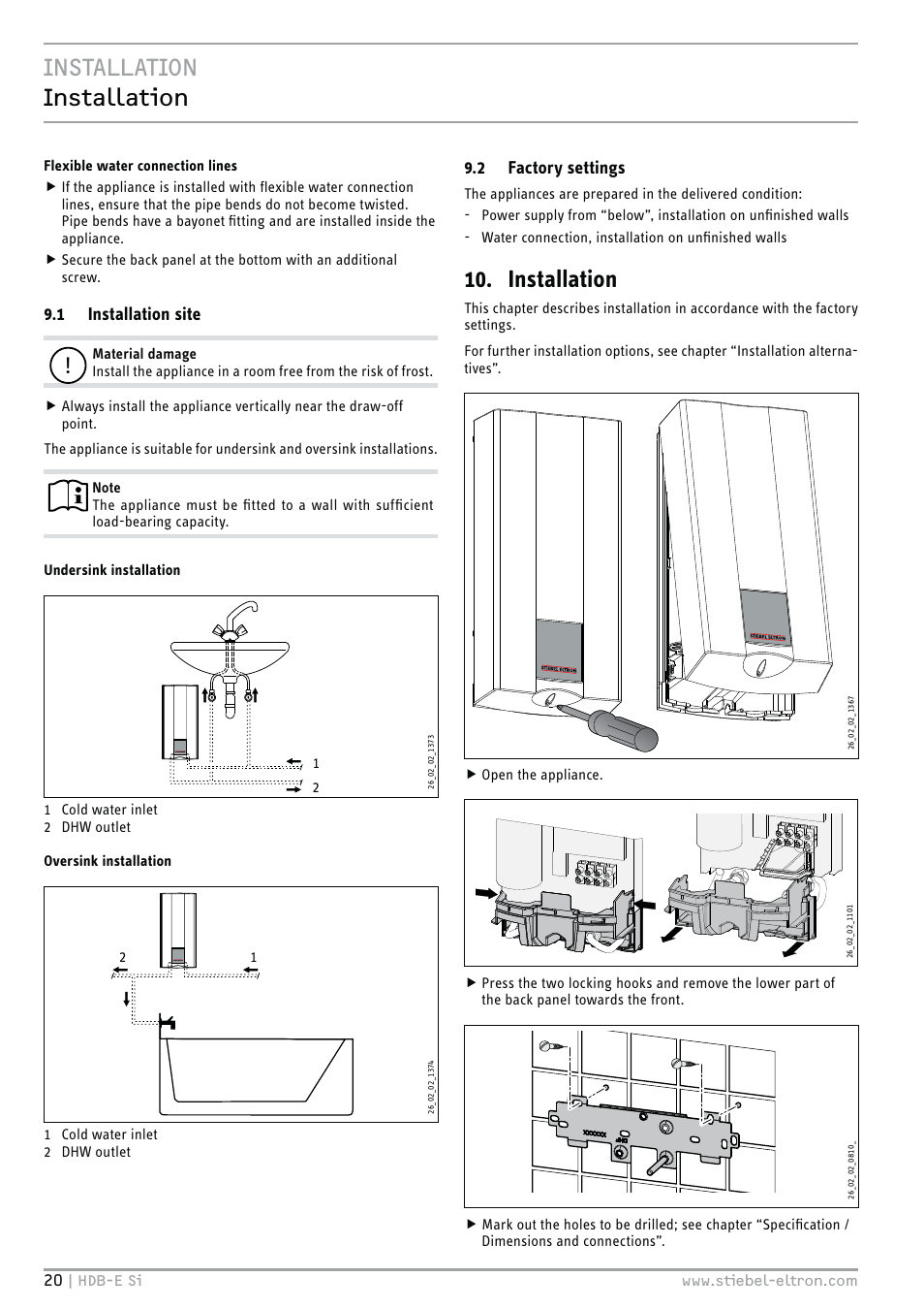 Installation installation, Installation, 1 installation site | 2 factory settings | STIEBEL ELTRON HDB-E Si 01.11.2012 - 31.01.2013 User Manual | Page 20 / 72