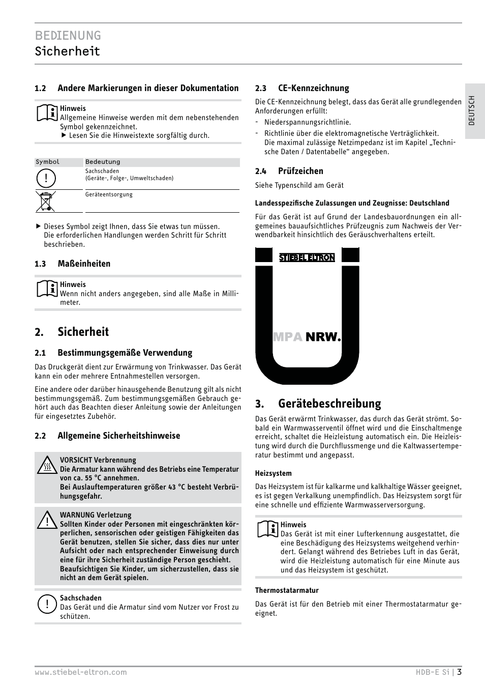 Bedienung sicherheit, Sicherheit, Gerätebeschreibung | STIEBEL ELTRON HDB-E Si 01.11.2012 - 31.01.2013 User Manual | Page 3 / 72