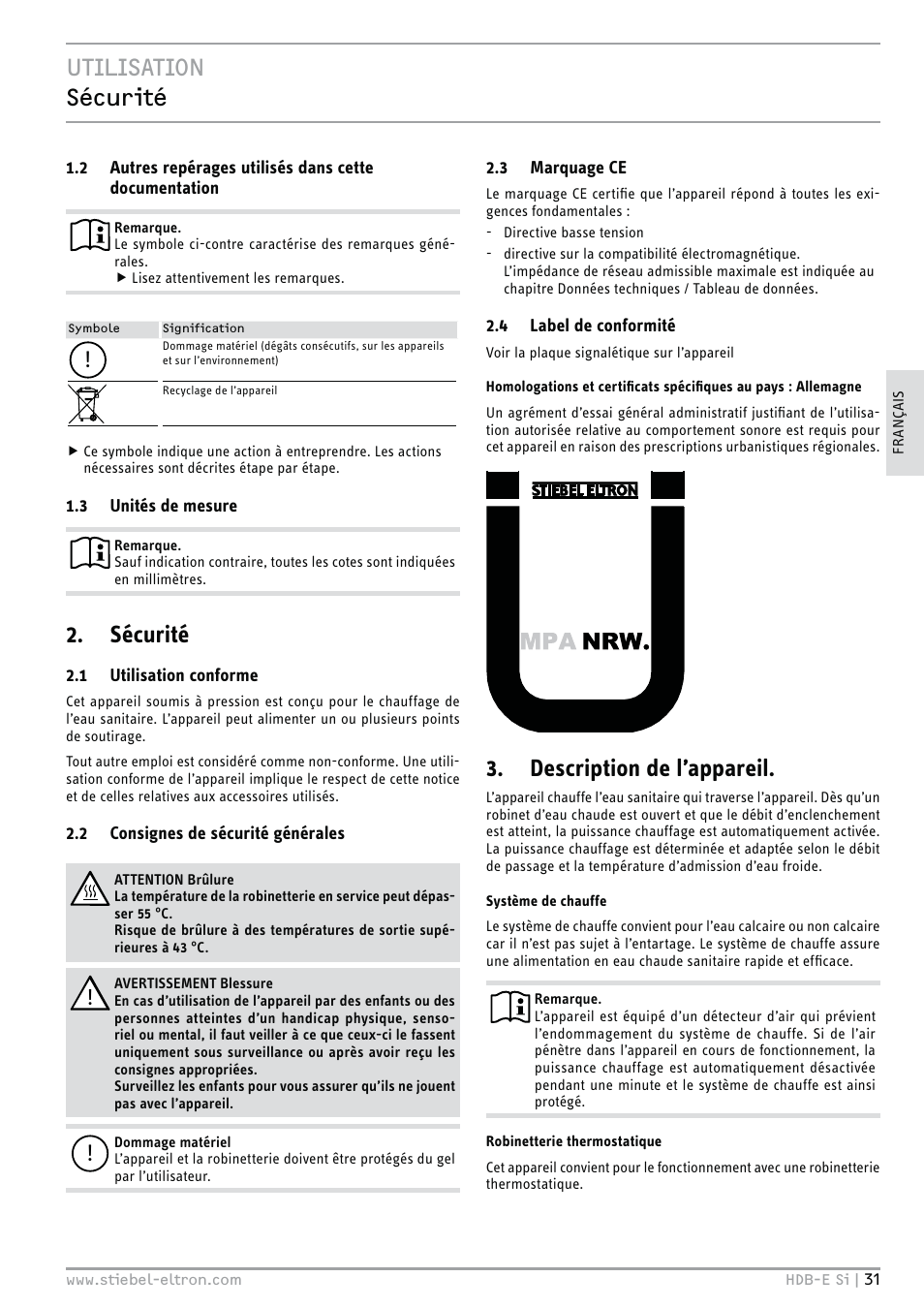 Utilisation sécurité, Sécurité, Description de l’appareil | STIEBEL ELTRON HDB-E Si 01.11.2012 - 31.01.2013 User Manual | Page 31 / 72