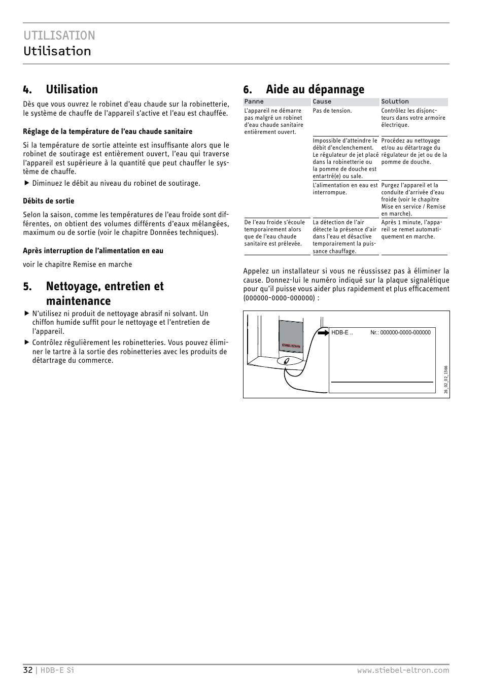 Utilisation utilisation, Utilisation, Nettoyage, entretien et maintenance | Aide au dépannage | STIEBEL ELTRON HDB-E Si 01.11.2012 - 31.01.2013 User Manual | Page 32 / 72