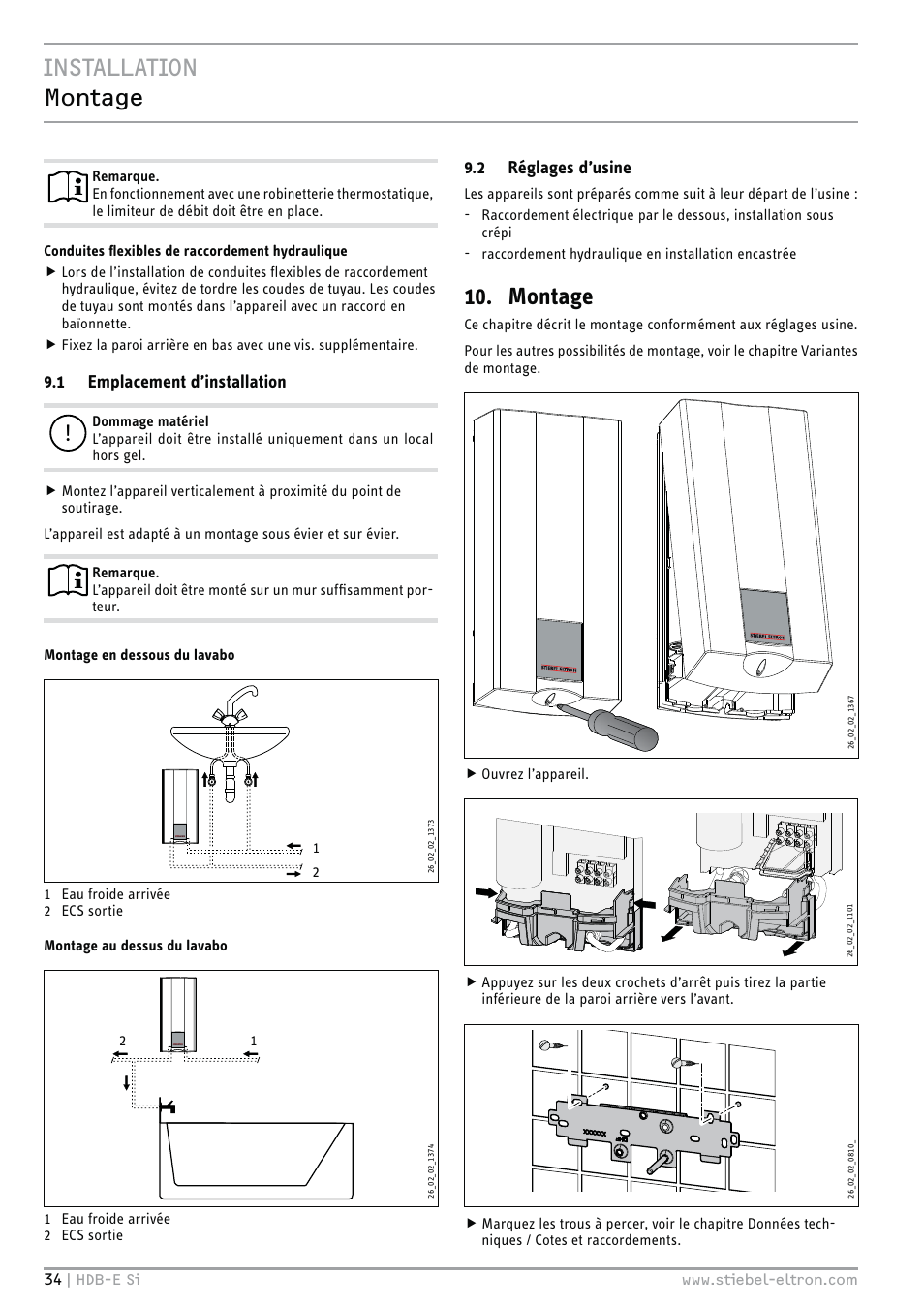 Installation montage, Montage, 1 emplacement d’installation | 2 réglages d’usine | STIEBEL ELTRON HDB-E Si 01.11.2012 - 31.01.2013 User Manual | Page 34 / 72